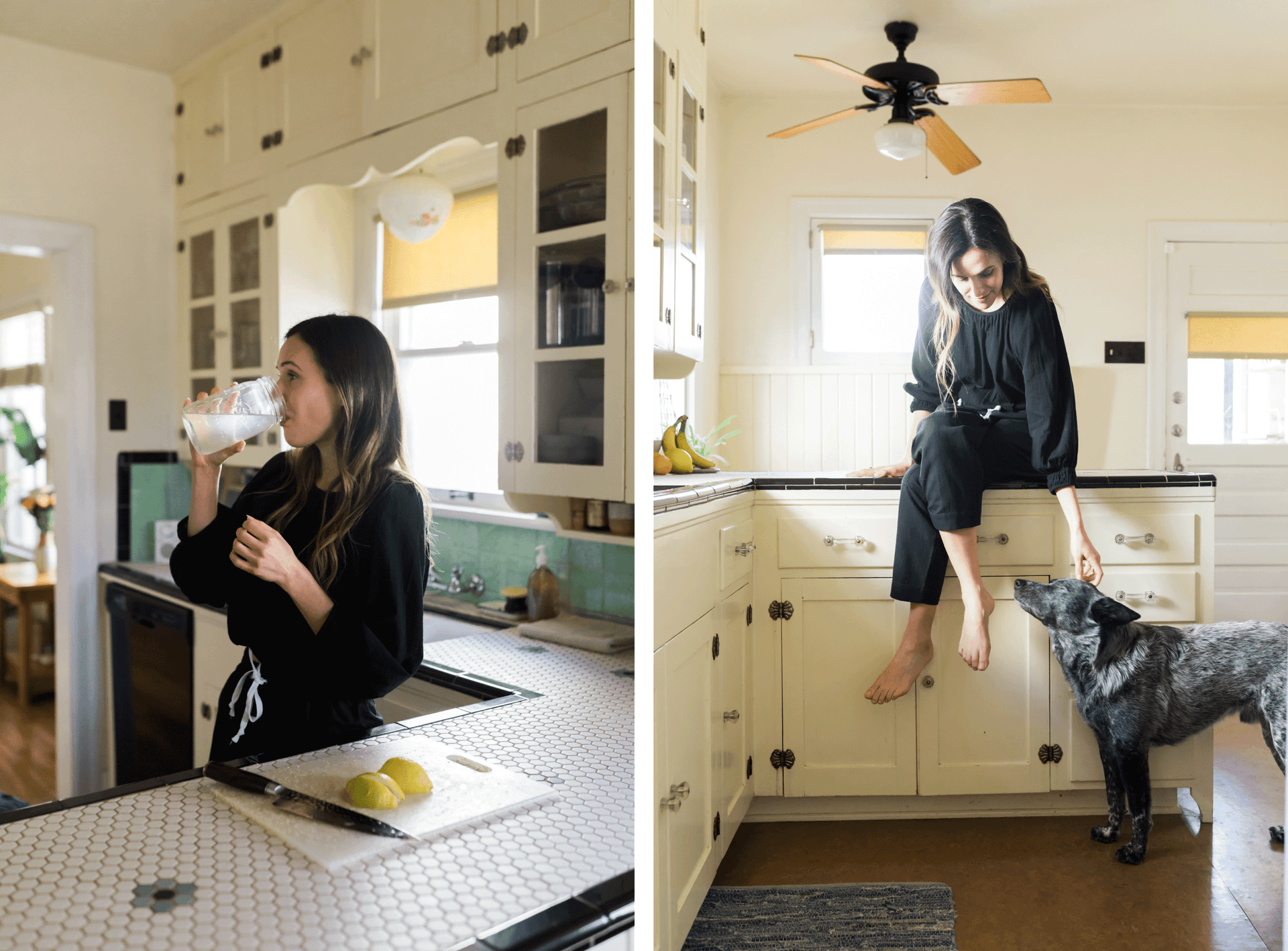 Two images. In the first Adriene Mishler is drinking water. In the second Adriene Mishler is sitting on her counter