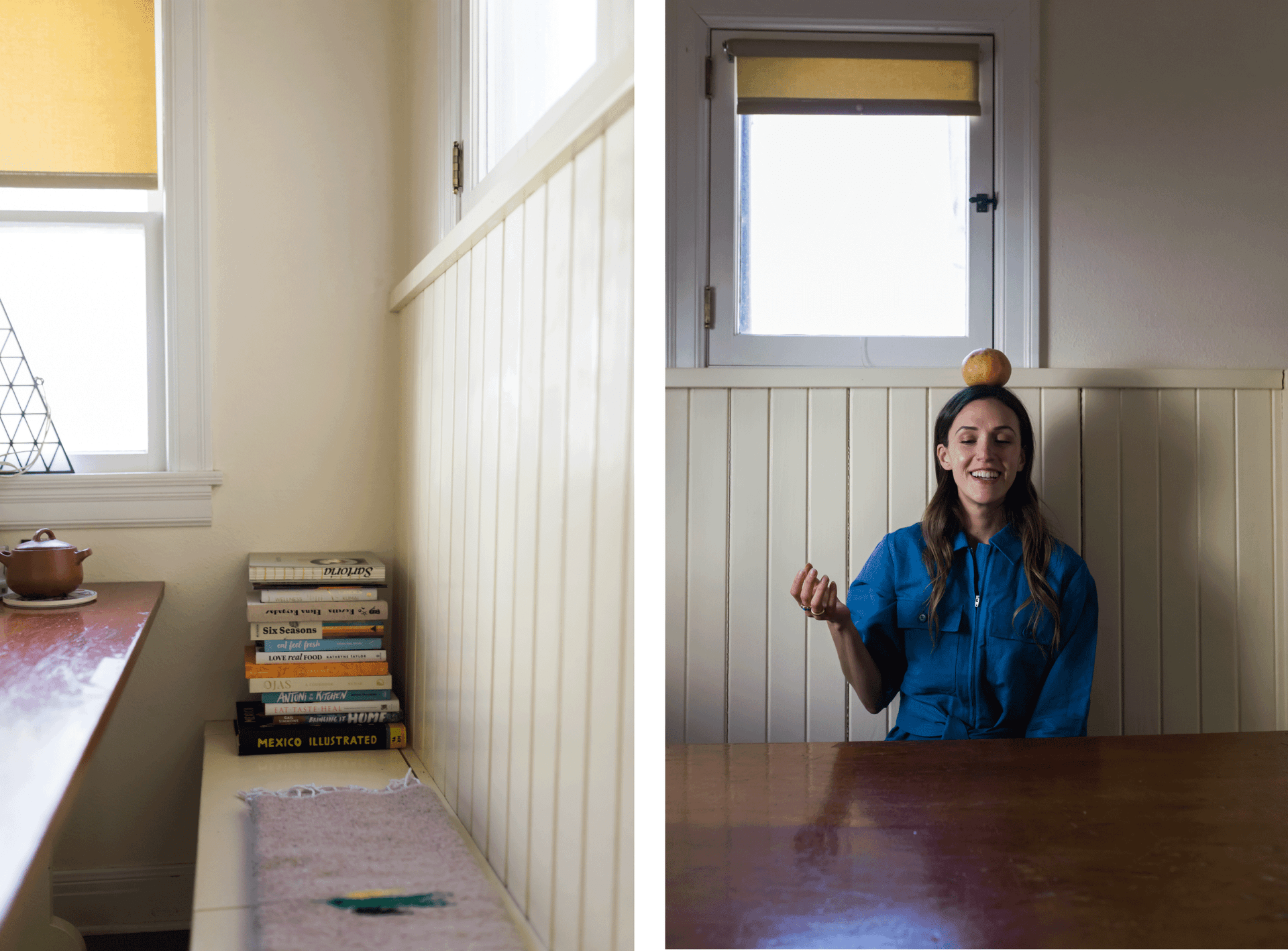 Adriene Mishler wears blue and sits down