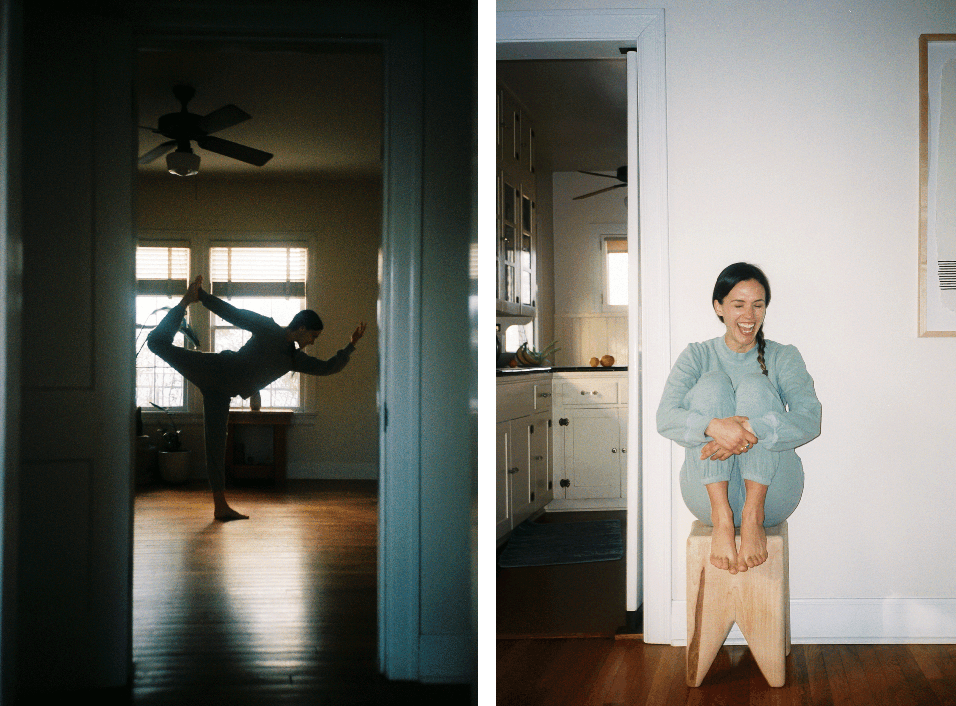 Two images. In the first, Adriene Mishler practices yoga. In the second, Adriene Mishler is laughing while sitting down