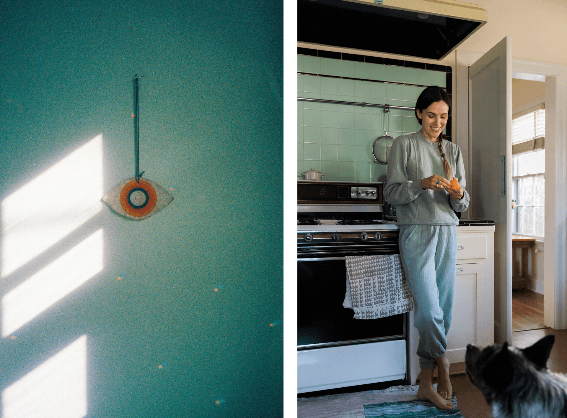 Two images. The first is of a blue wall. The second shows Adriene Mishler leaning against her counter