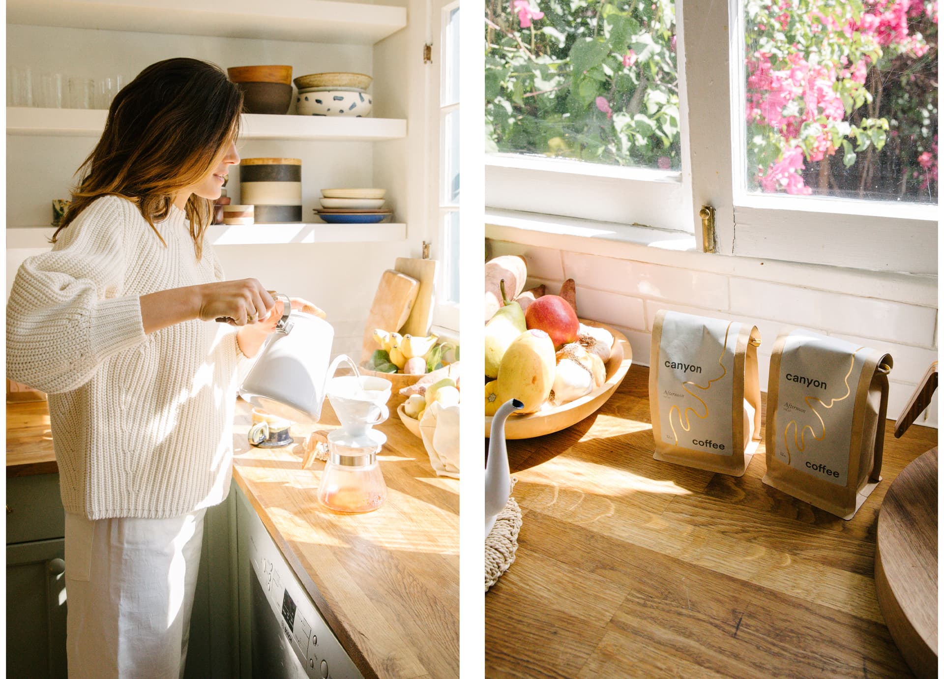 Two images. In the first, Ally Walsh wears light colors while standing next to a counter. The second shows a clean counter in front of a window.