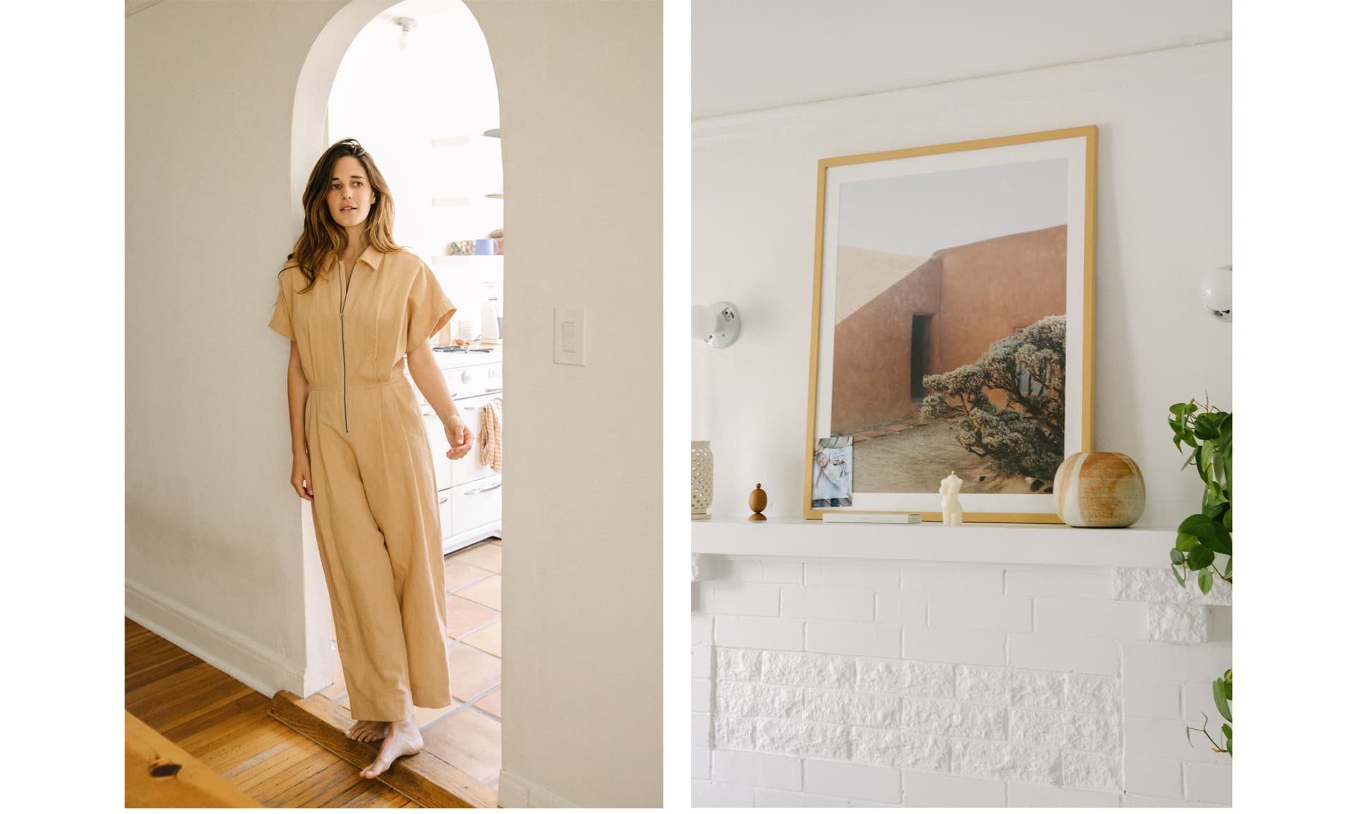 Two images. The first shows Ally Walsh wearing yellow leaning in a doorway. The second shows are against a wall.