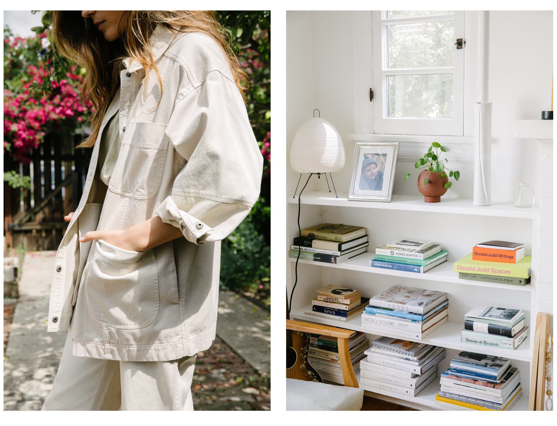 Two images. The first shows a woman walking wile wearing white. The second shows well organized shelves. 