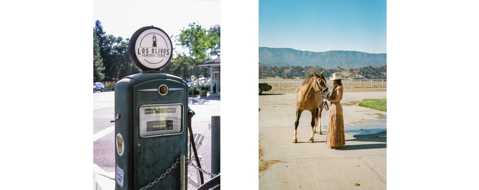 Two images. The first is of an old gas pump. The second is Aly Michalka with her horse.