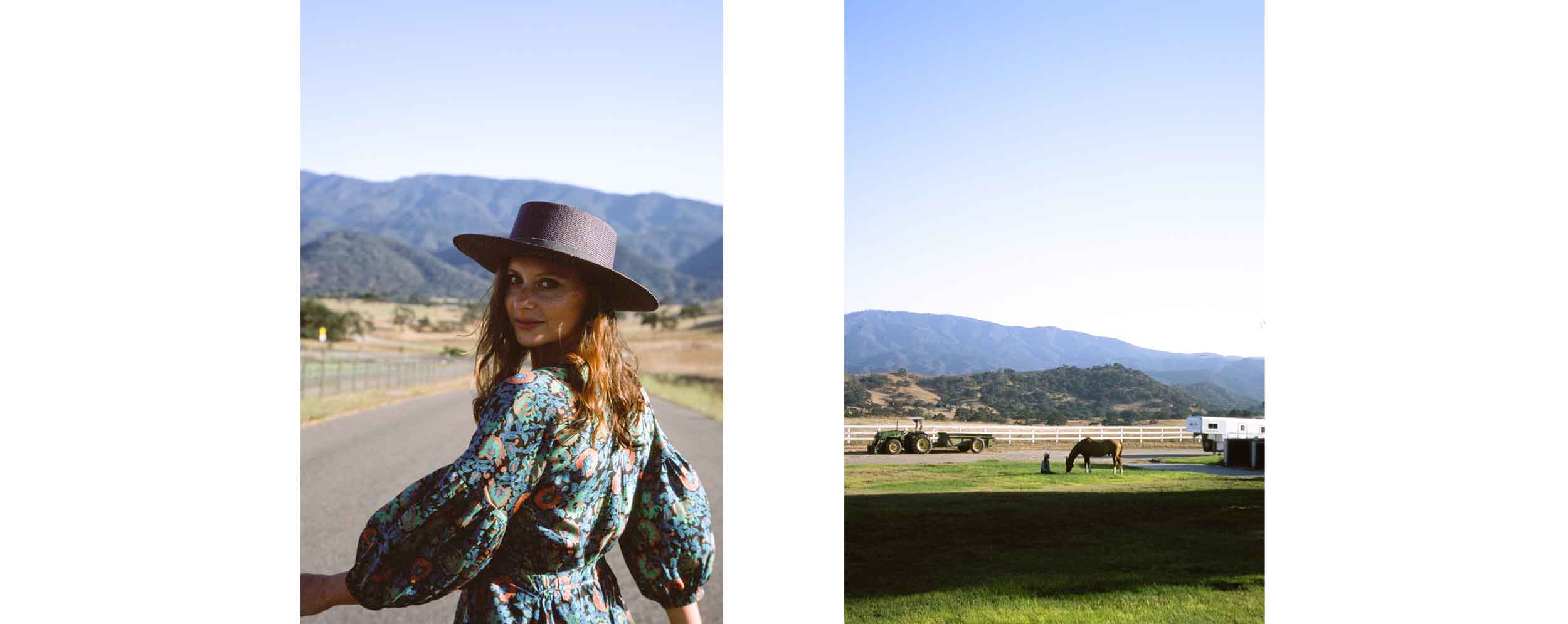 Two images. The first is of Aly Michalka wearing a hat and facing the camera. The second is of a field with a mountain in the background.