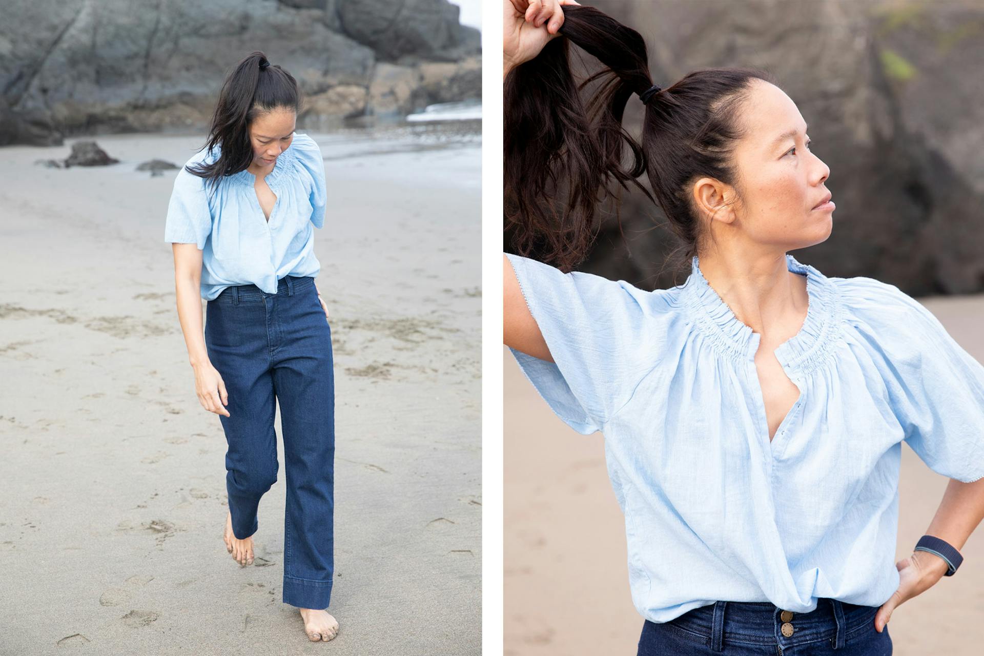 Two images. In the first Bonnie Tsui wears a light blue top and blue pants and walks on the beach. In the second, Bonnie Tsui wears a light top and is facing away from the camera.