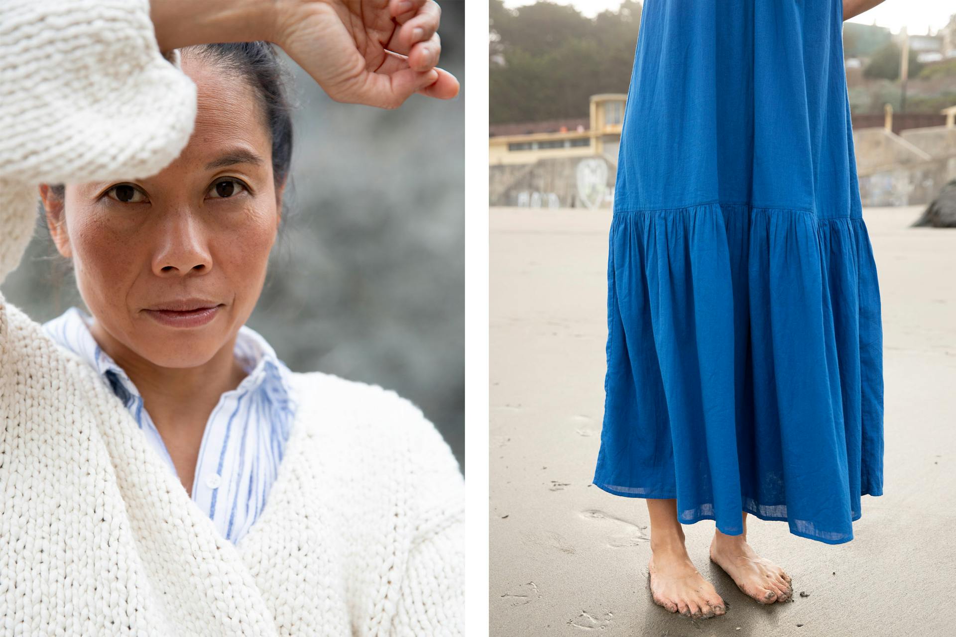Two images. The first shows Bonnie Tsui looking into the camera. The second shows a blue skirt.