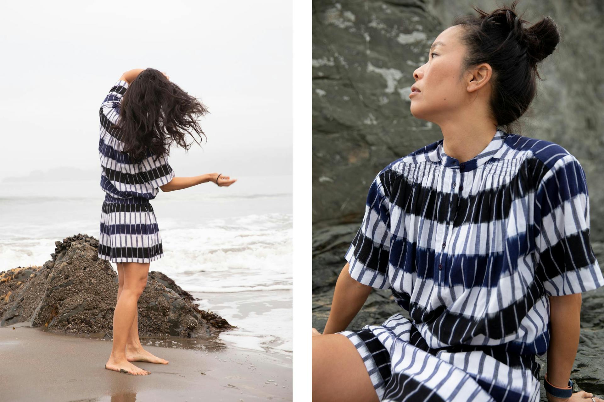 Two images. The first shows Bonnie Tsui wearing a striped dress standing on the beach. The second shows Bonnie Tsui sitting down and wearing a striped dress