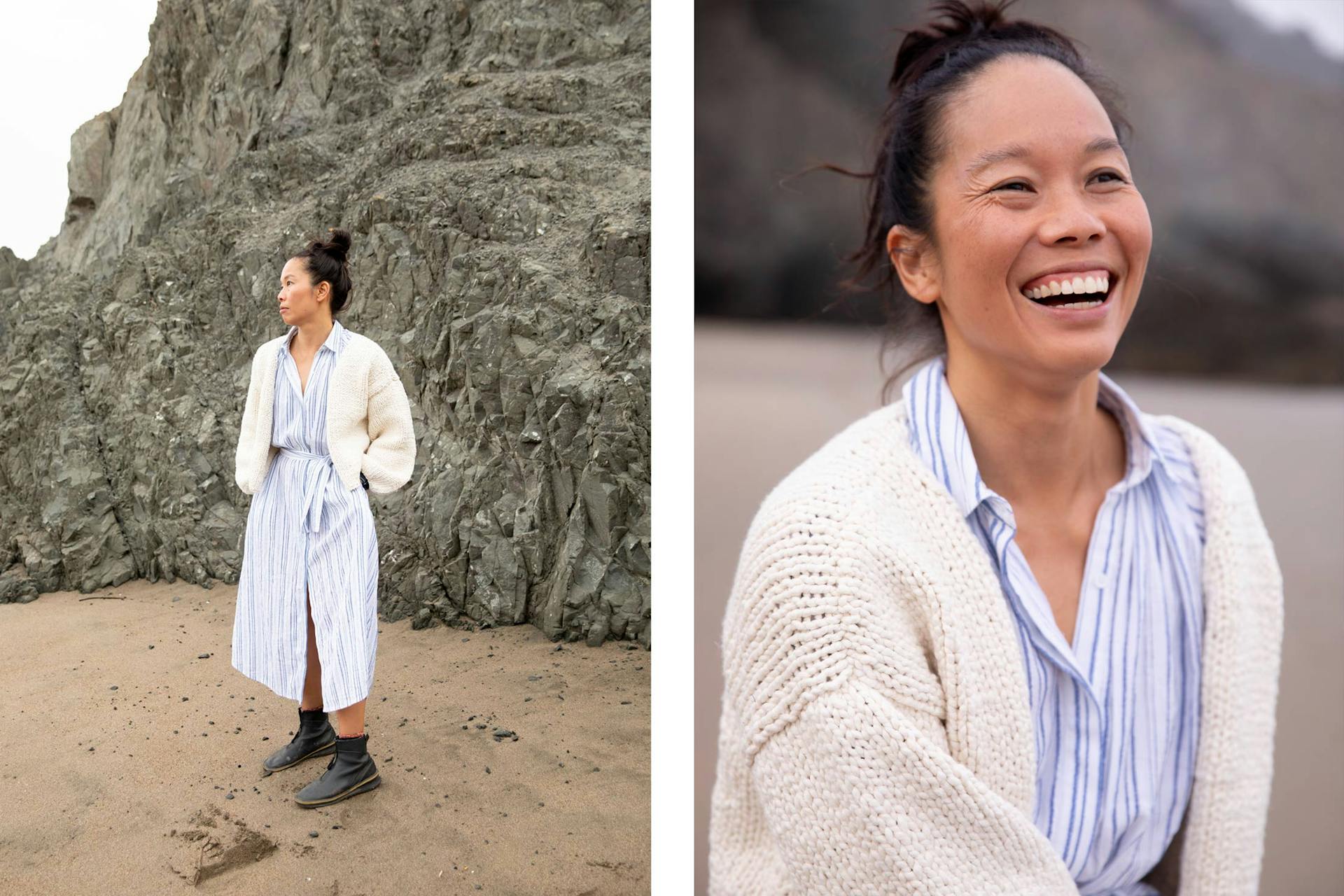 Two images. The first shows Bonnie Tsui wearing a light outfit. The second shows Bonnie Tsui laughing