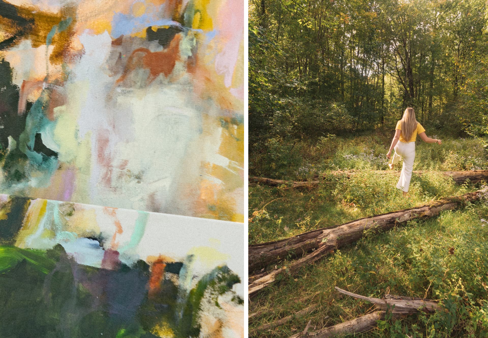 A woman wearing white pants walks in a forest
