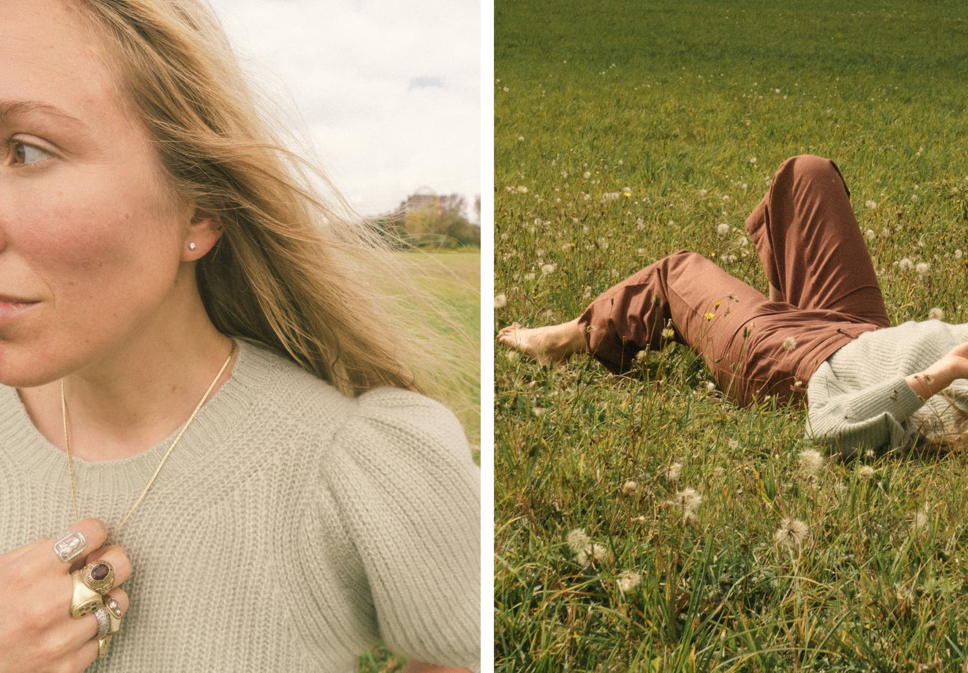 A woman lies in a grass field