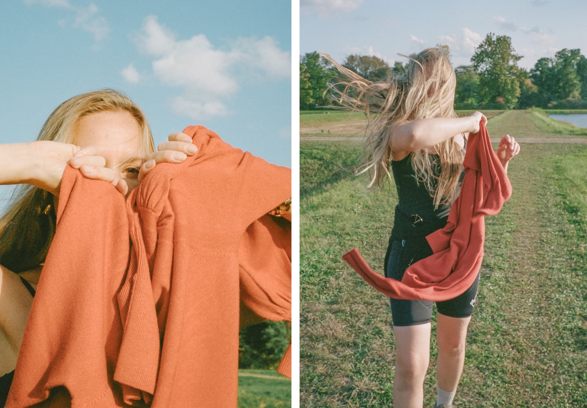 Two images of a woman outside holding an orange sweater