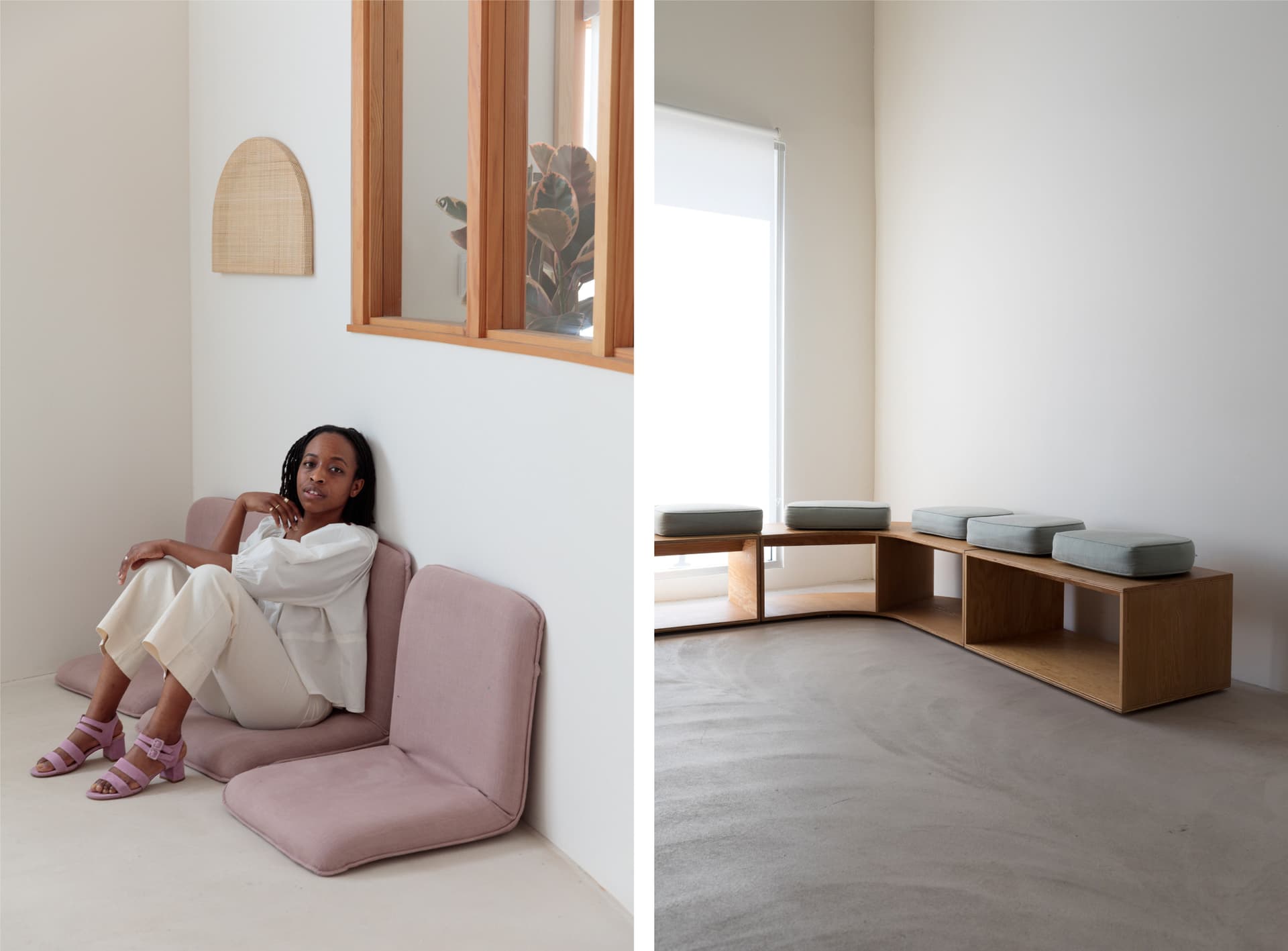 Two images. The first Erica Chidi Cohen sits on a floor couch. The second shows a peaceful clean room.