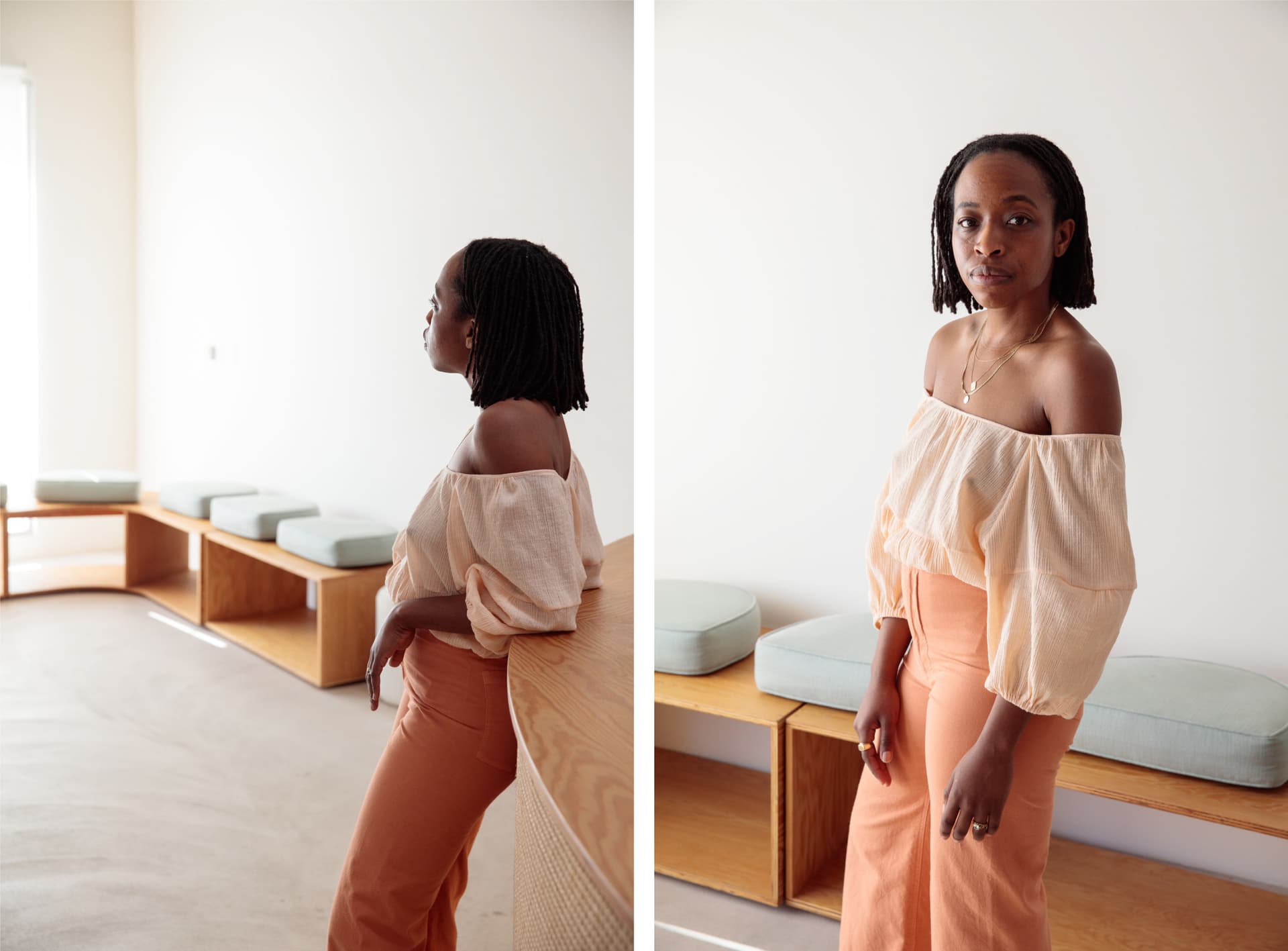 Two images. Both show Erica Chidi Cohen wearing a neutral blouse and orange/pink pants standing in a room