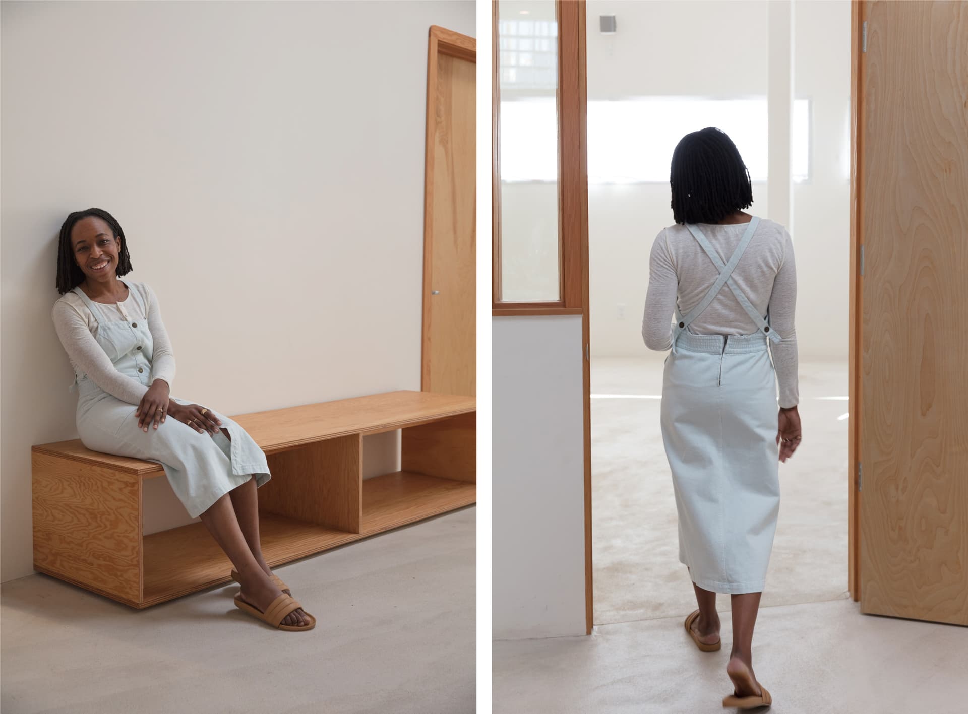 In the first image, Erica Chidi Cohen sits on a bench wearing light colors. In the second, Erica Chidi Cohen wears light colors and walks away from the camera.