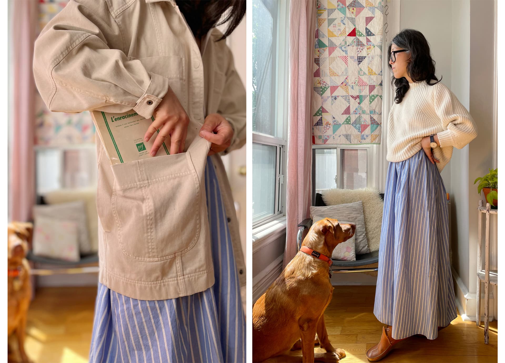 Two images of Erica Kim standing in a light brown top and blue/purple skirt.