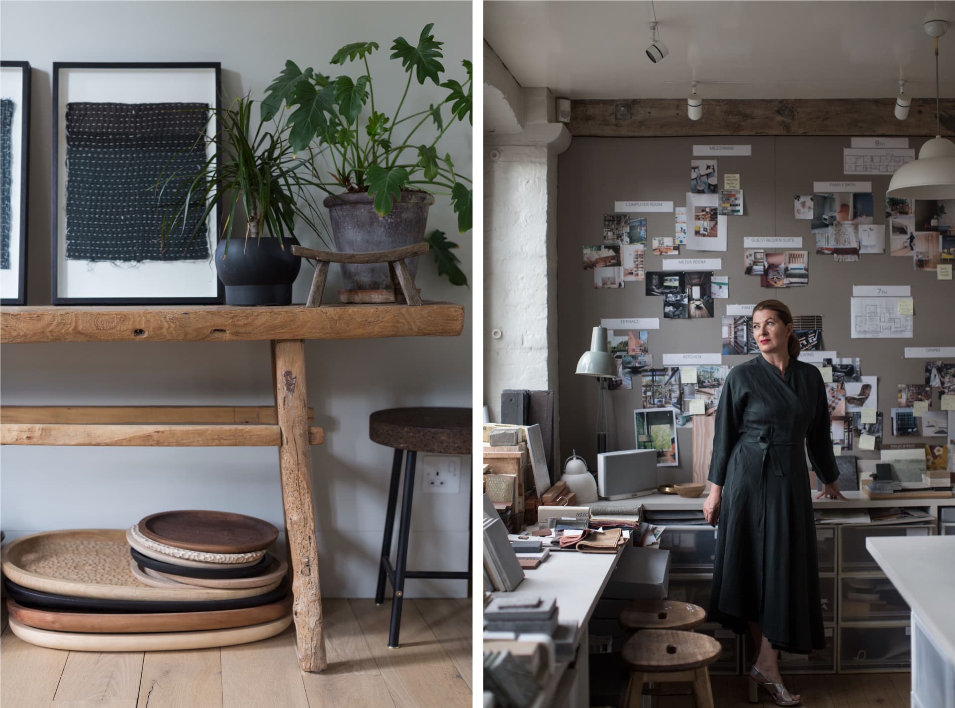 Two images. The first is of accessories on a table. The second shows Ilse Crawford wearing black standing in a dark room.