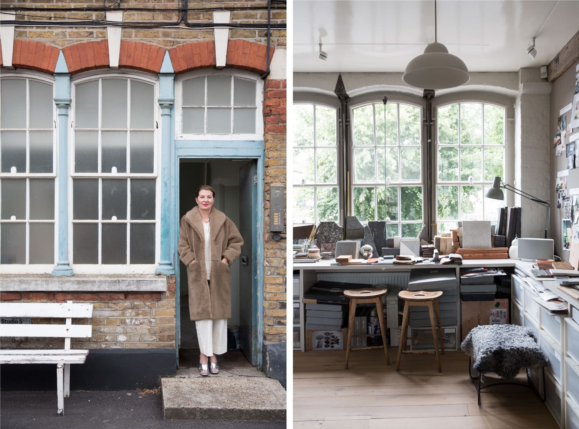Two images. In the first, Ilse Crawford stands in a blue doorway. The second shows a well lit room.