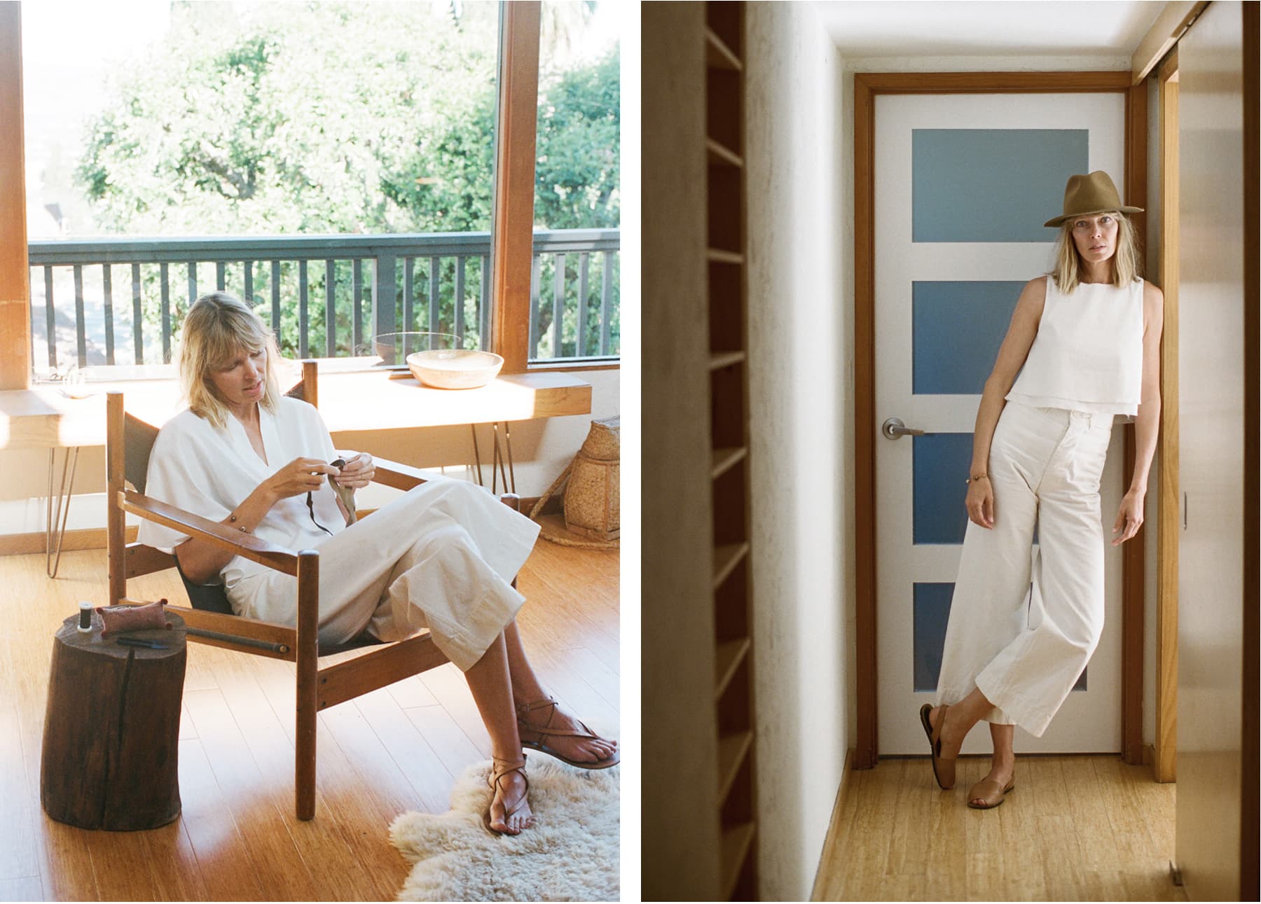 Two images. In the first, Jesse Kamm is wearing all white and sitting in a chair. In the second, Jesse Kamm is wearing all white and is leaning against a wall.