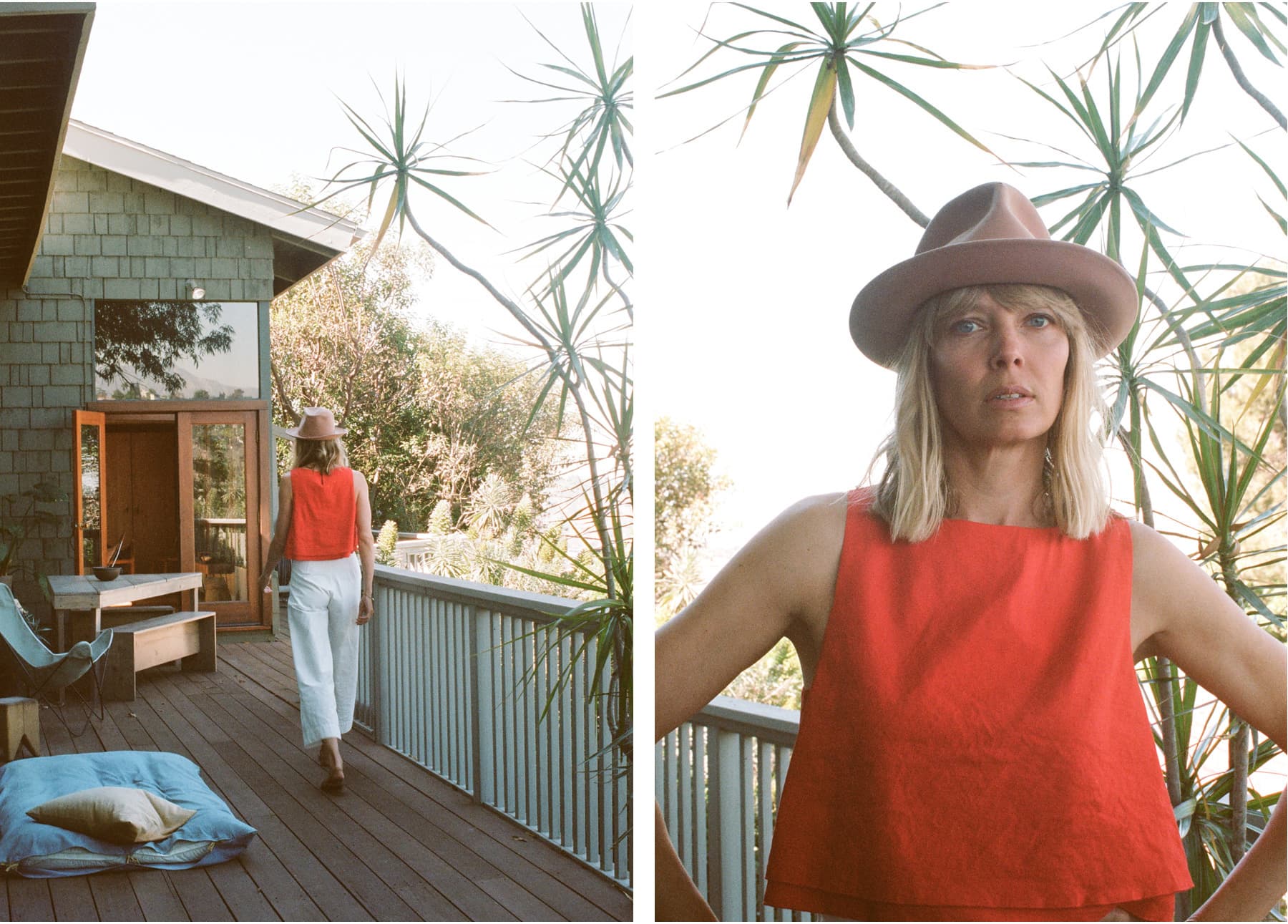 Two images. In the first, Jesse Kamm  is wearing an orange top and white pants facing away from the camera. In the second, Jesse Kamm is wearing an orange top and looking at the camera.