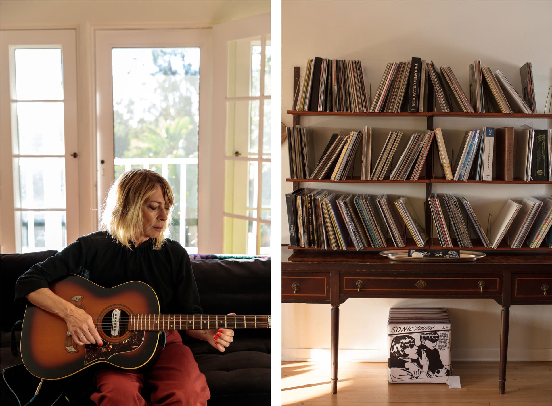 Two images. First Kim Gordon sits holding a guitar. Second is a shelf of vinyl records.