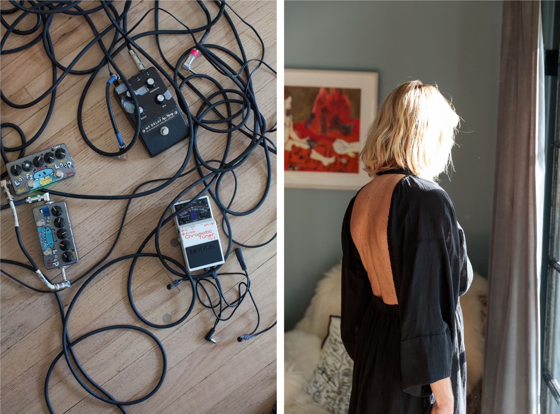 Two images. First is a pile of music cords. Second is Kim Gordon wearing black and looking out of a window.