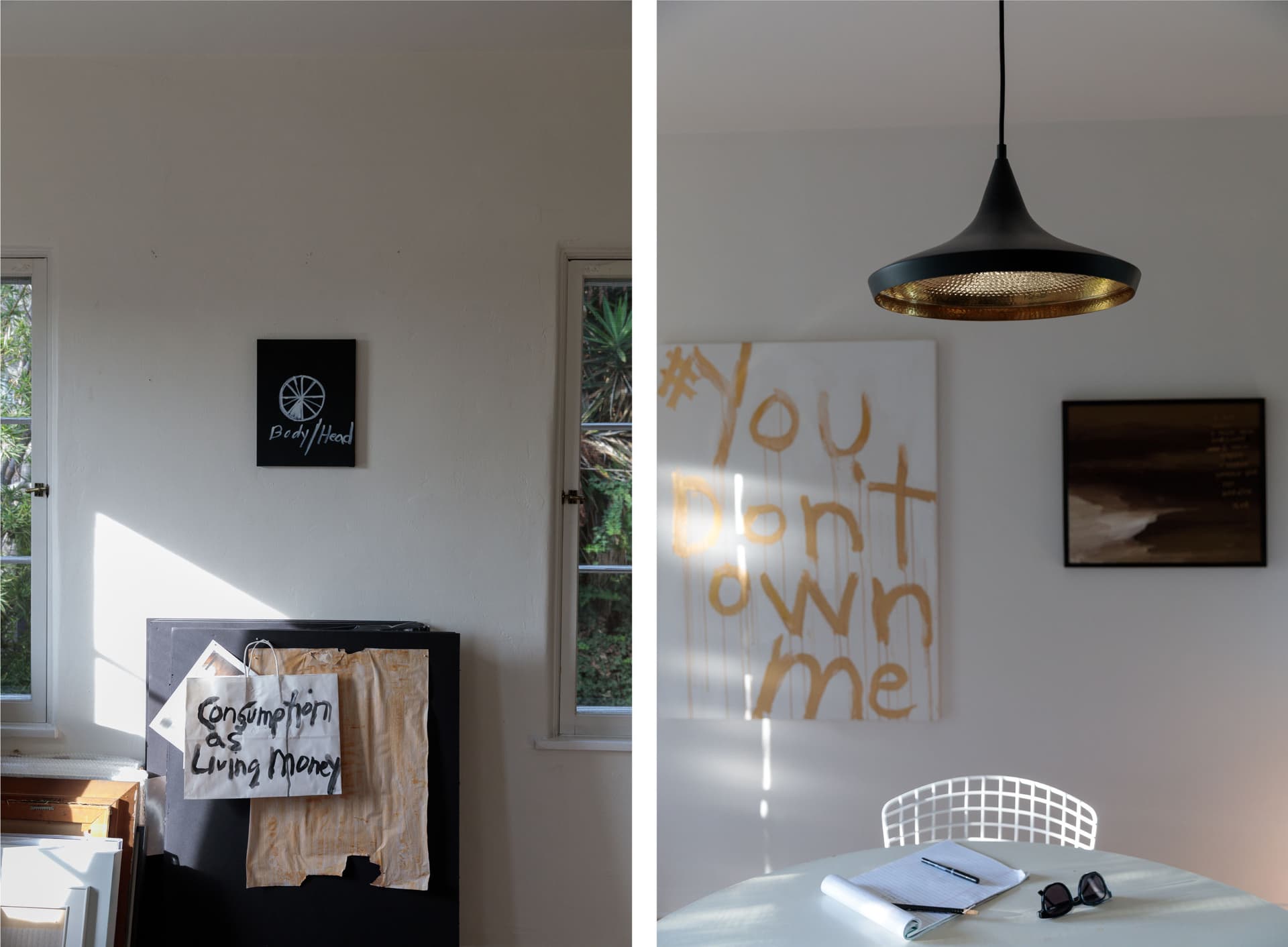 Two images of activist art in a white room