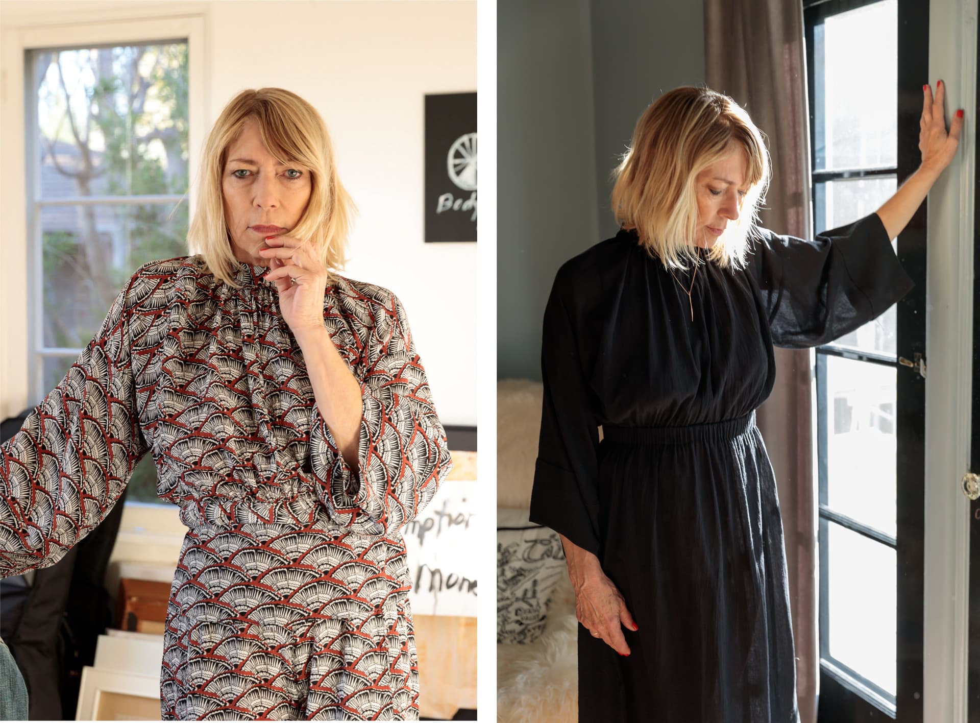 Two images of Kim Gordon standing. In the first, she is wearing a printed dress. In the second, she is wearing an all black dress.