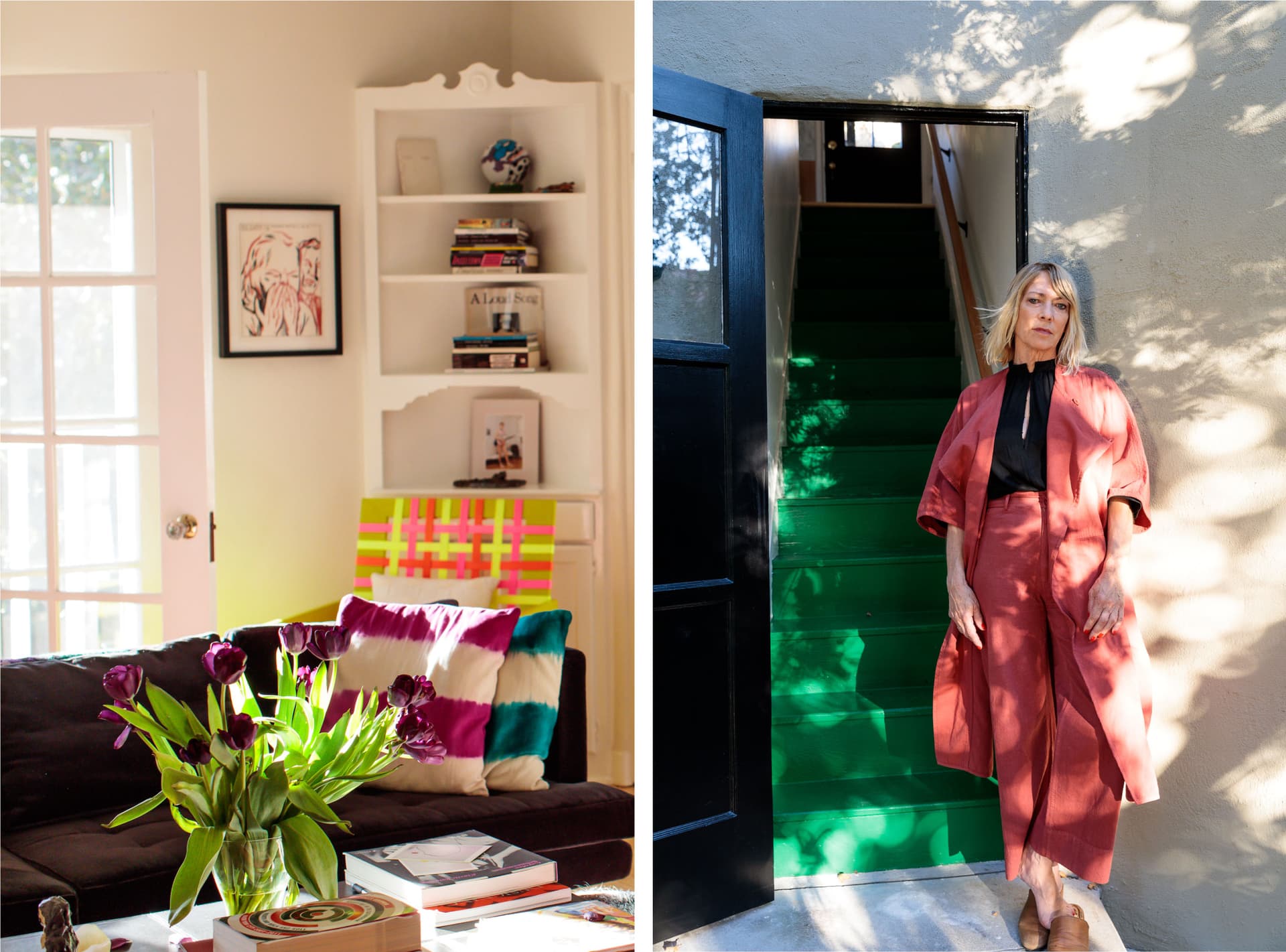 Two images. The first is of shelves and a houseplant. The second is of Kim Gordon wearing black and pink.