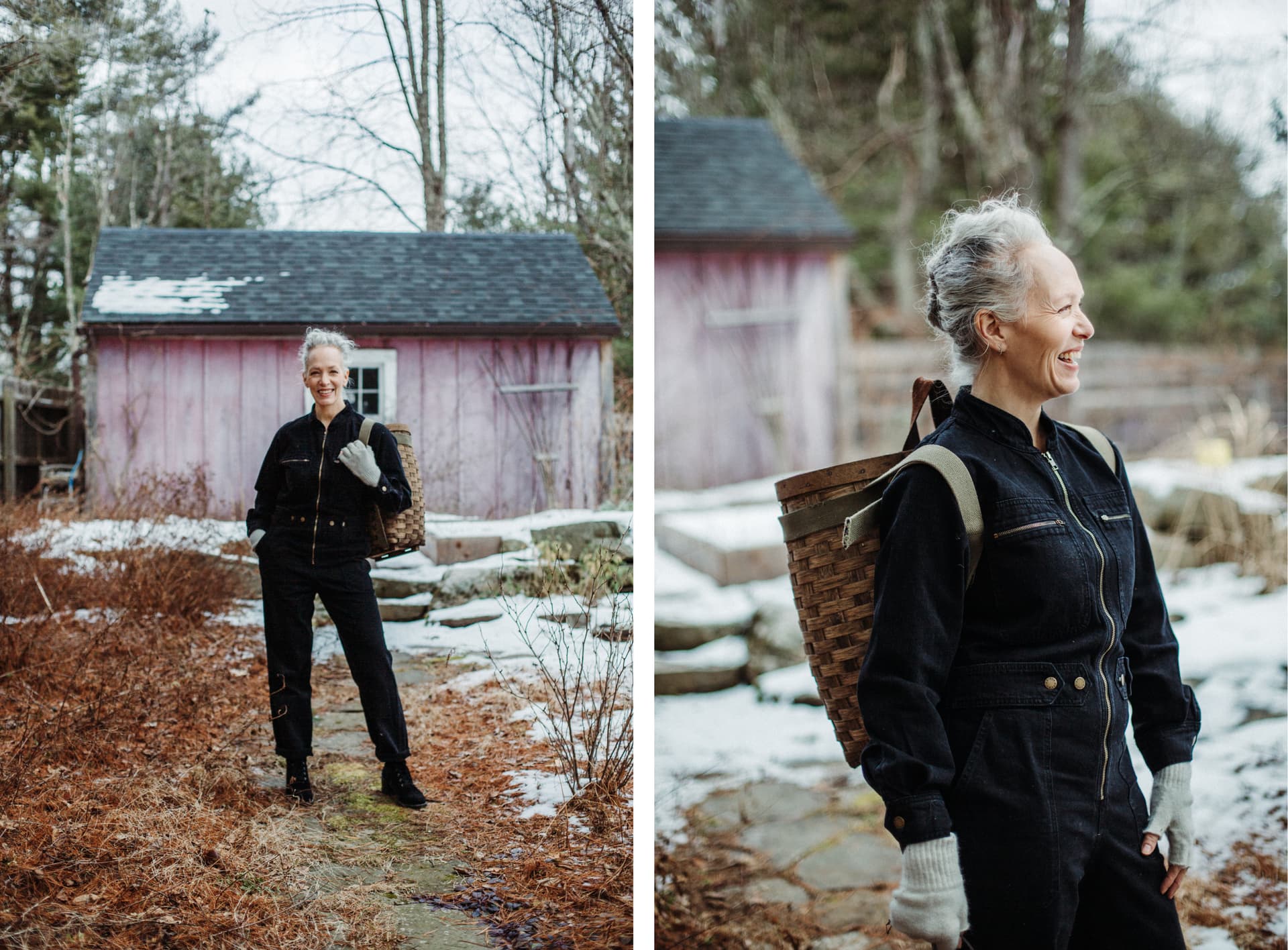 Two images of Laura Silverman wearing a very dark outfit and standing outside of a cabin