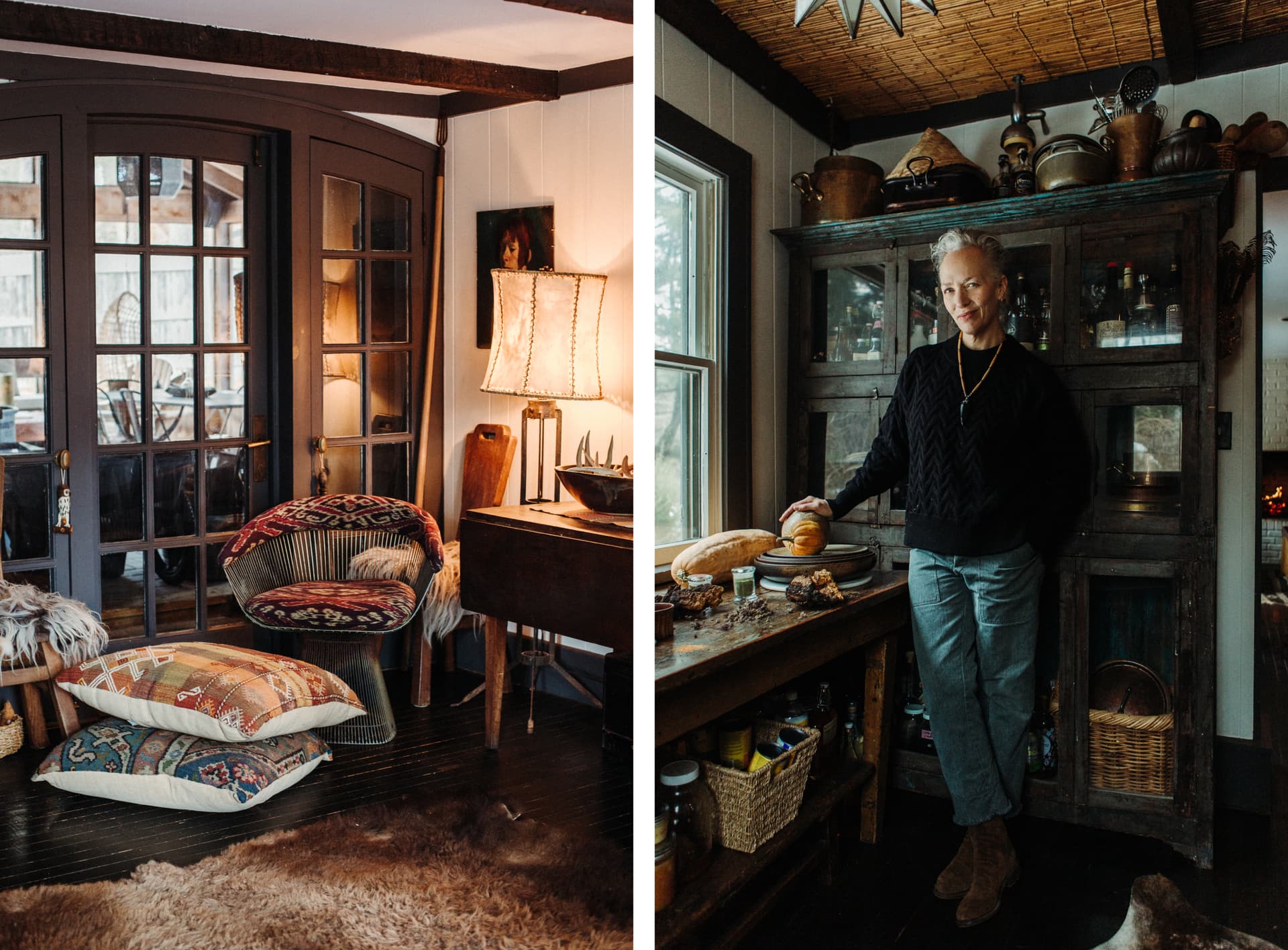 Laura Silverman stands in a dimly lit cozy cabin