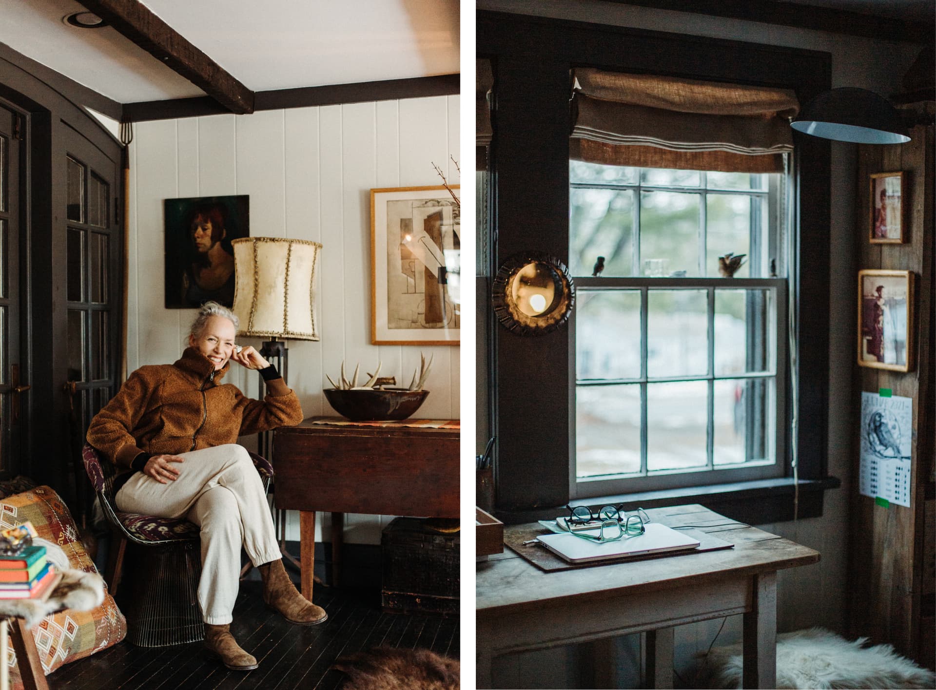 Laura Silverman sits inside of a dimly lit cabin
