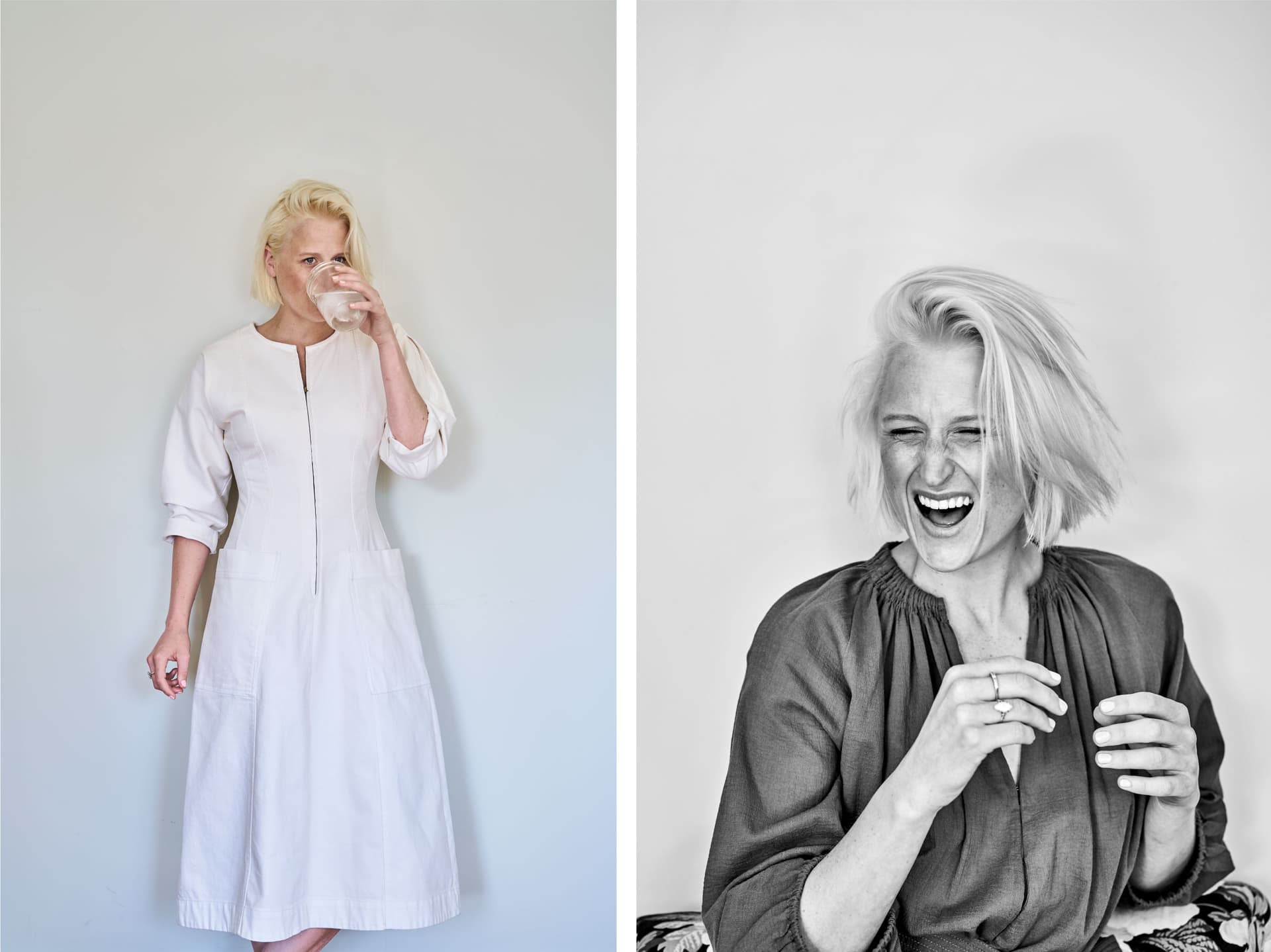 Two images. In the first, Mamie Gummer stands wearing a white dress. In the second, Mamie Gummer is smiling in black and white