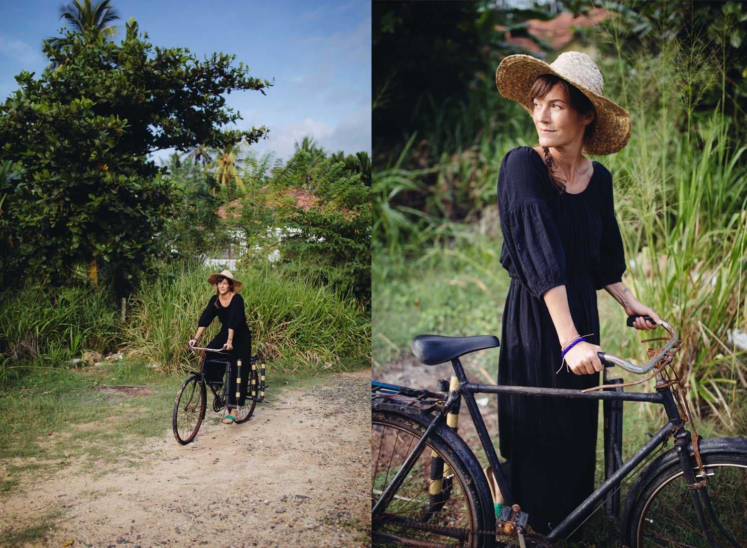 Two images of Taryn Elledge-Penner wearing a dark dress with a bicycle