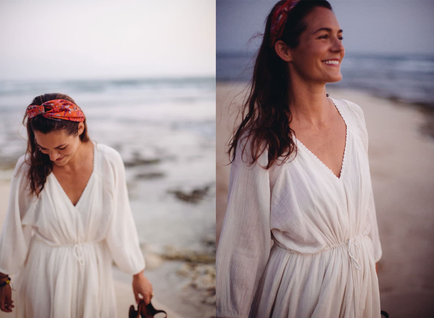 Two images of Taryn Elledge-Penner wearing white at the beach.