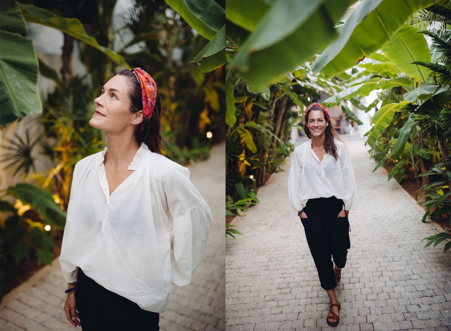 Two images of Taryn Elledge-Penner standing in a white shirt, black pants, and red hair band.