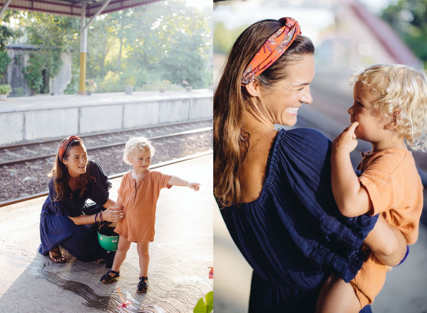 Two images of Taryn Elledge-Penner wearing a blue outfit and playing with her child.