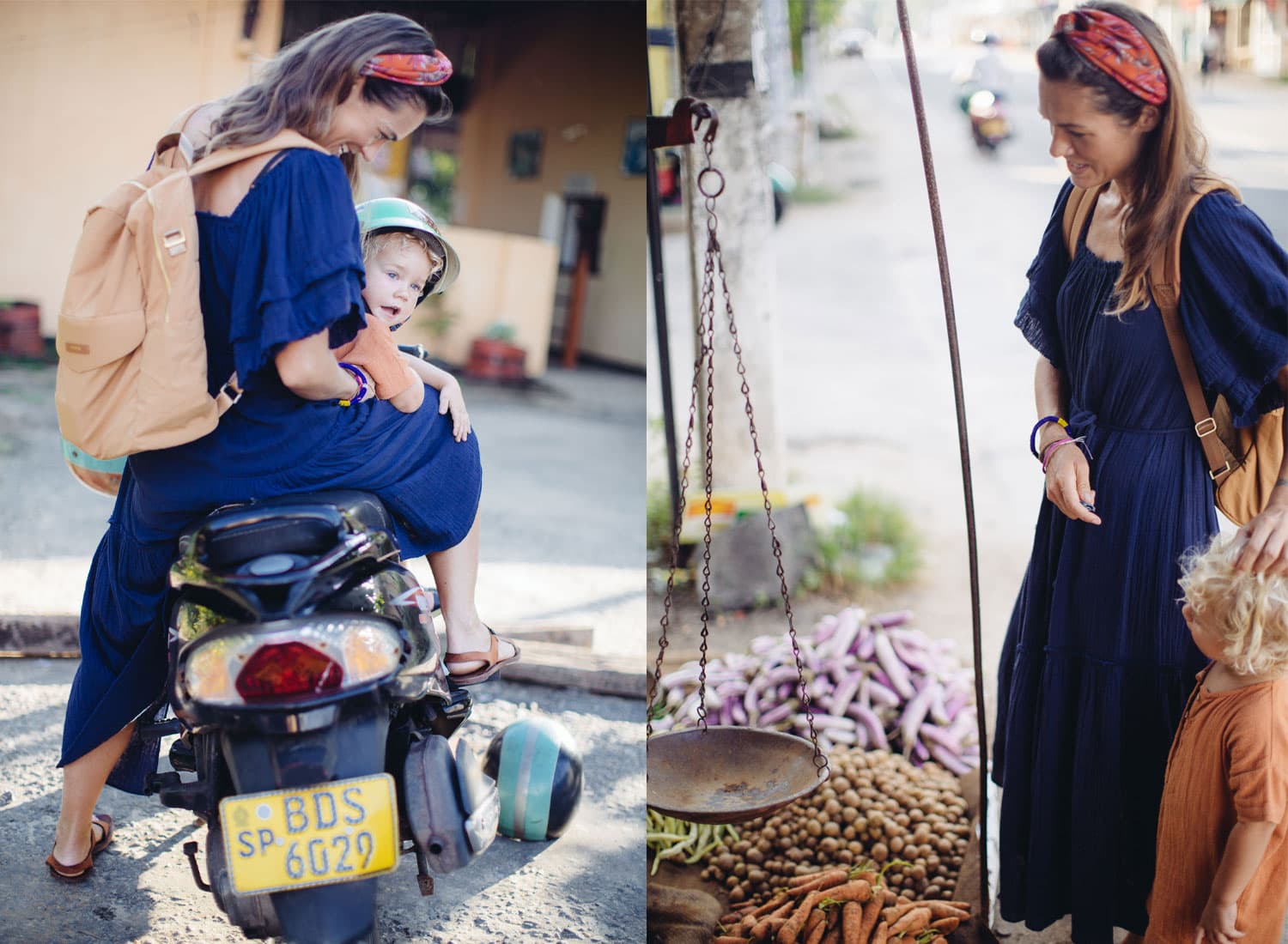 Two images of Taryn Elledge-Penner in a blue outfit. In the first she is on a motor scooter. In the second she is standing.