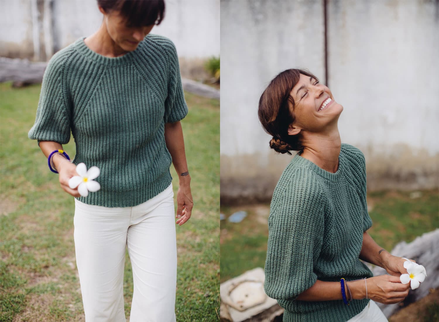 Two images of Taryn Elledge-Penner wearing a green sweater and white pants.