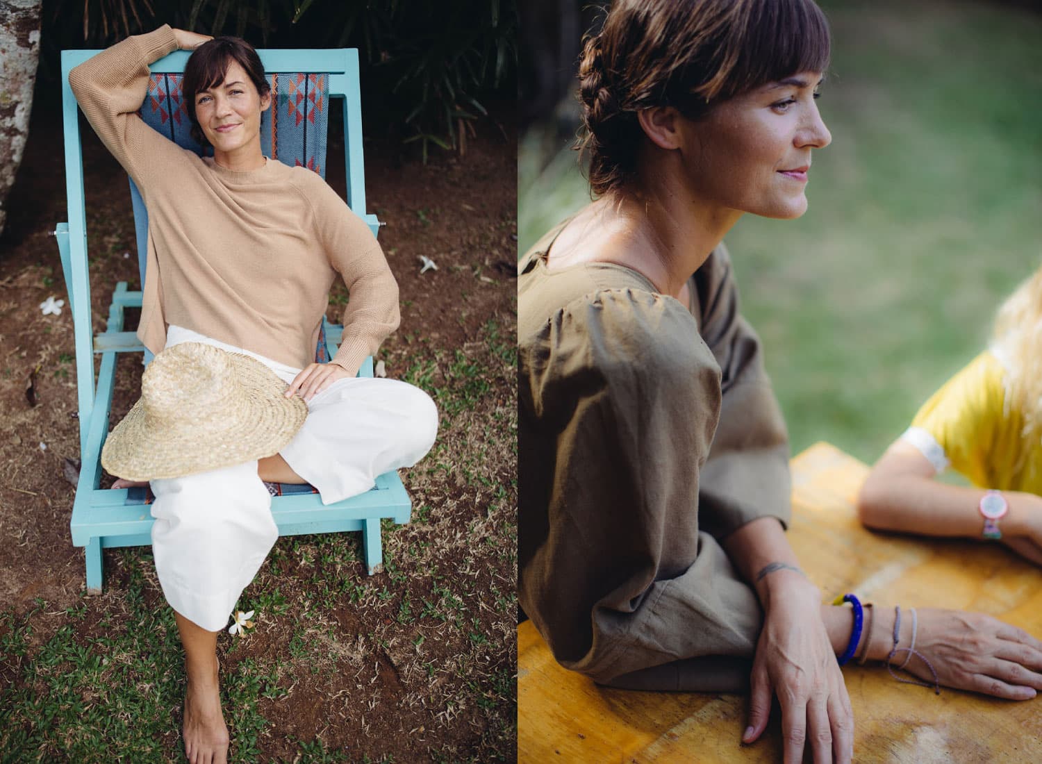 Two images. In the first, Taryn Elledge-Penner wears brown and sits on a blue chair. In the second, Taryn Elledge-Penner sits outside.