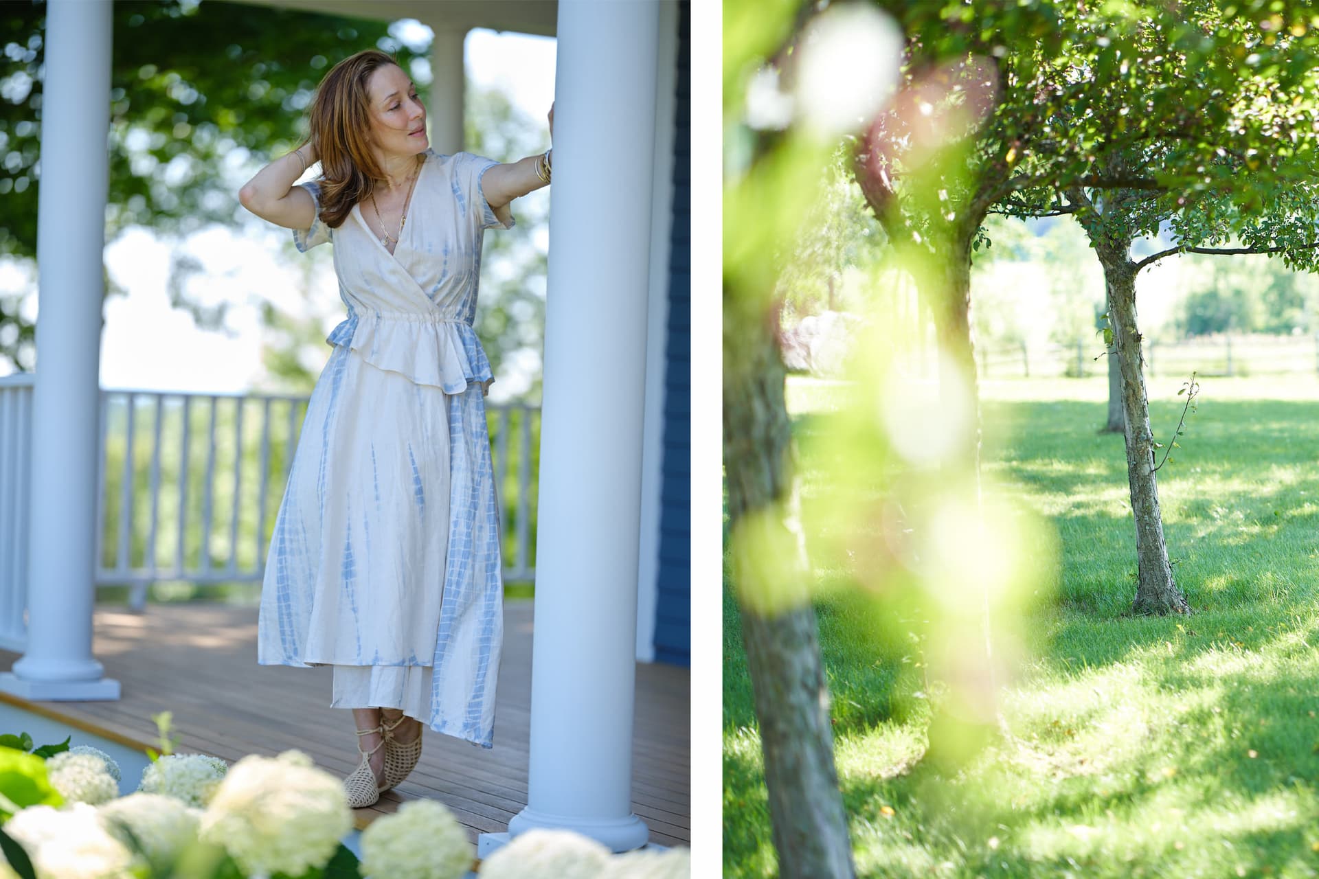 Tata Harper wears a light blue dress and stands outside