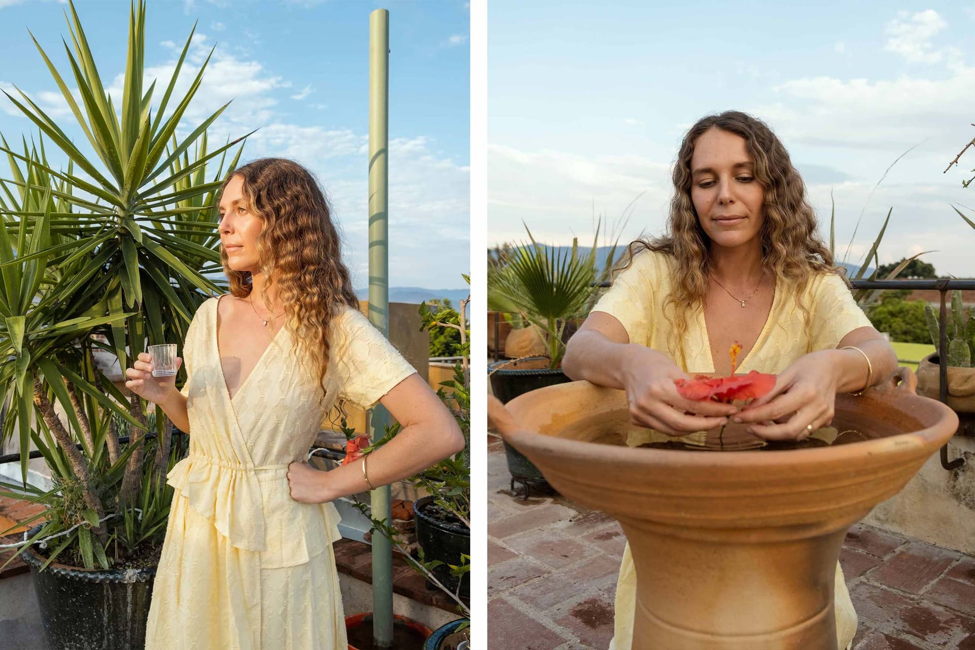 Two images. In the first Vera Claire wears a yellow dress and holds a drink. In the second, Vera Claire holds a flower.