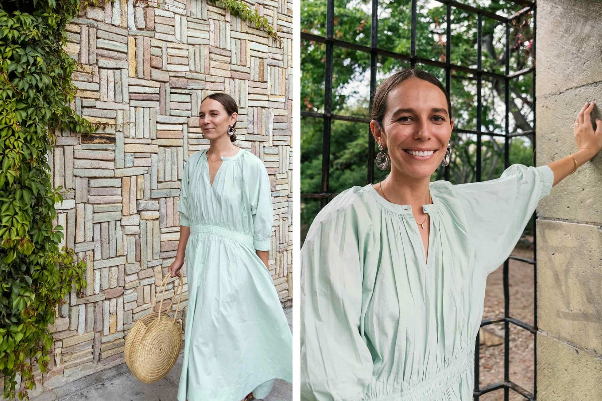 Two images of Vera Claire wearing a pastel blue dress