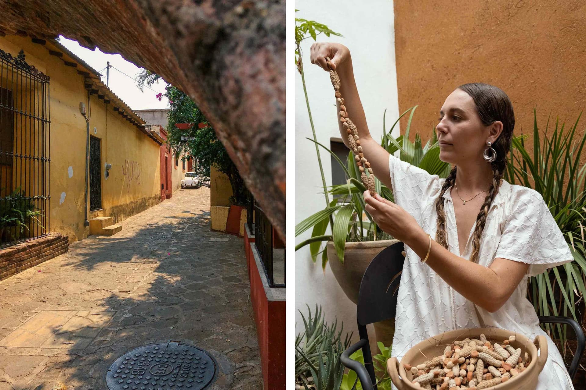 Two images. The first is of an empty street. The second shows Vera Claire holding beads.