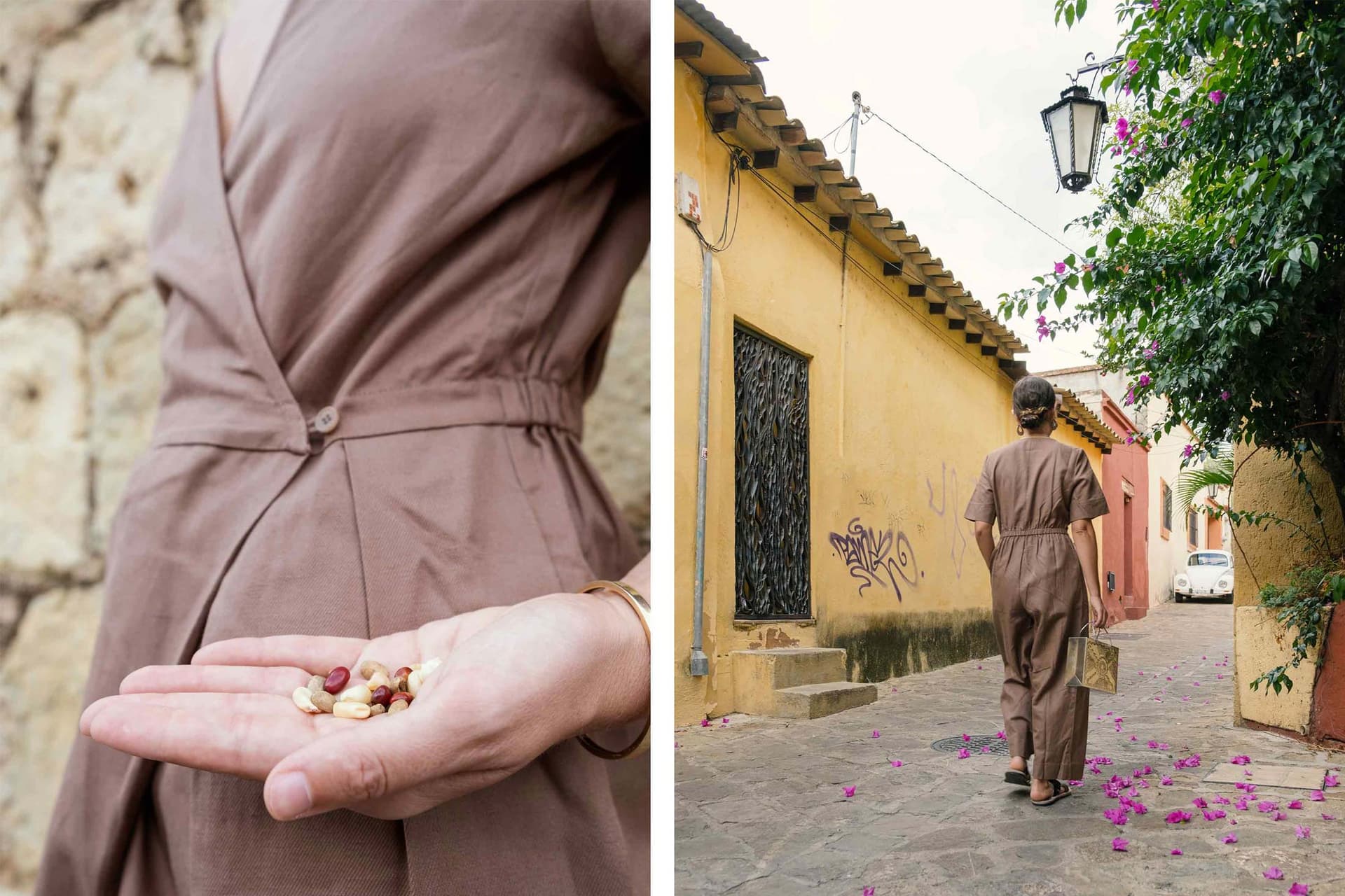 Two images. The first shows a woman holding beads. The second shows Vera Claire walking down a quiet street.