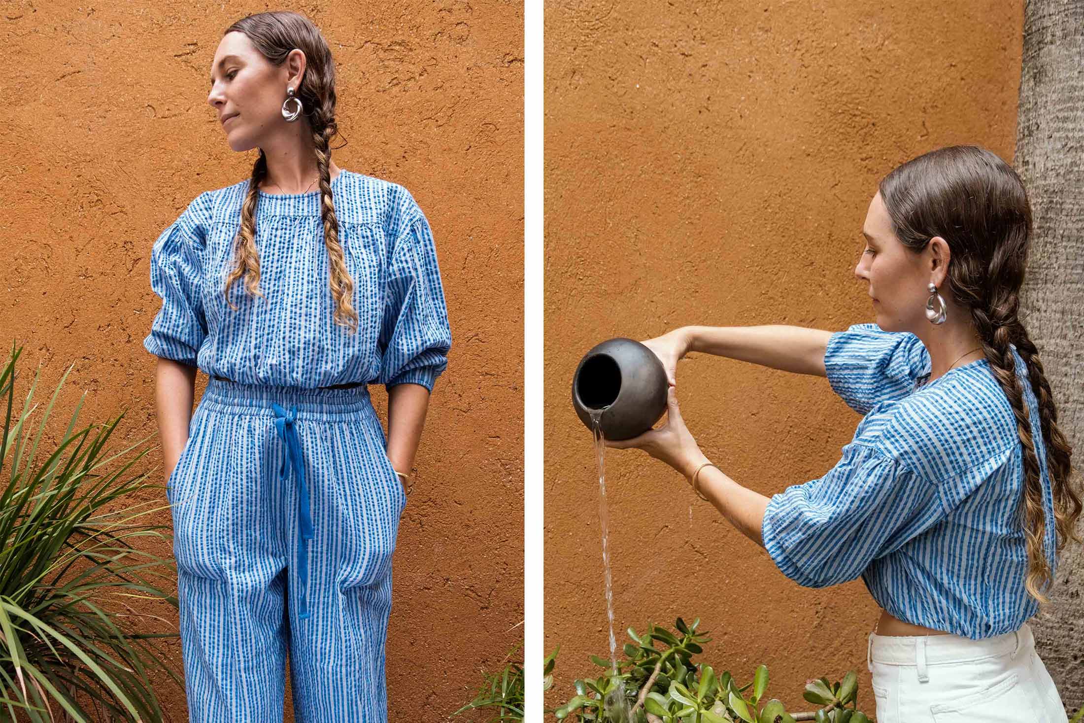 Two images of Vera Claire wearing blue and standing in front of an orange wall.