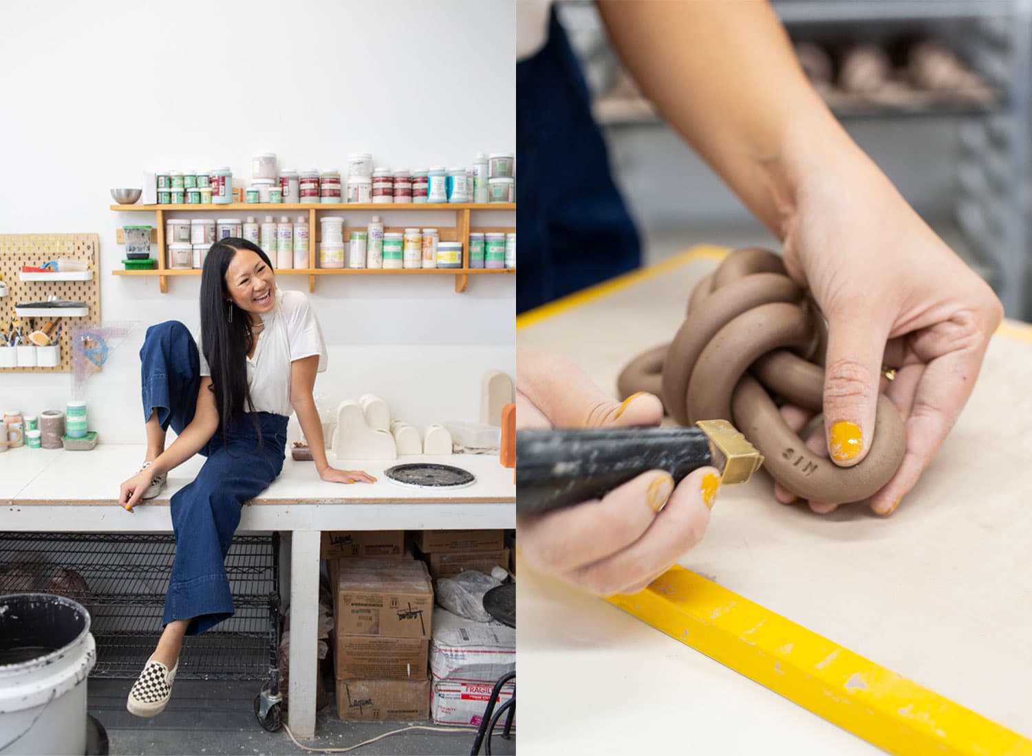 Two images. First is Virginia Sin sitting on a table. Second is Virginia Sin making clay art.