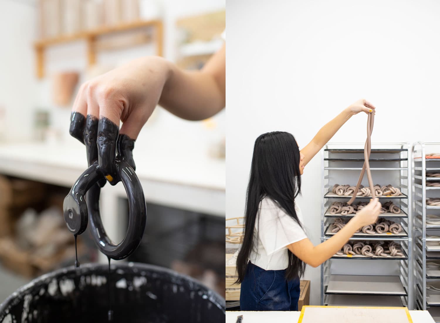Two images. First is clay being dipped in black paint. Second is Virginia stretching clay.