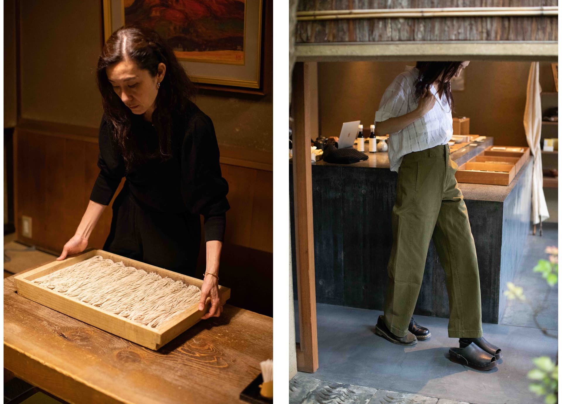Two images. The first is of a woman standing inside wearing all black. The second is of a woman outdoors wearing a white blouse and green pants.