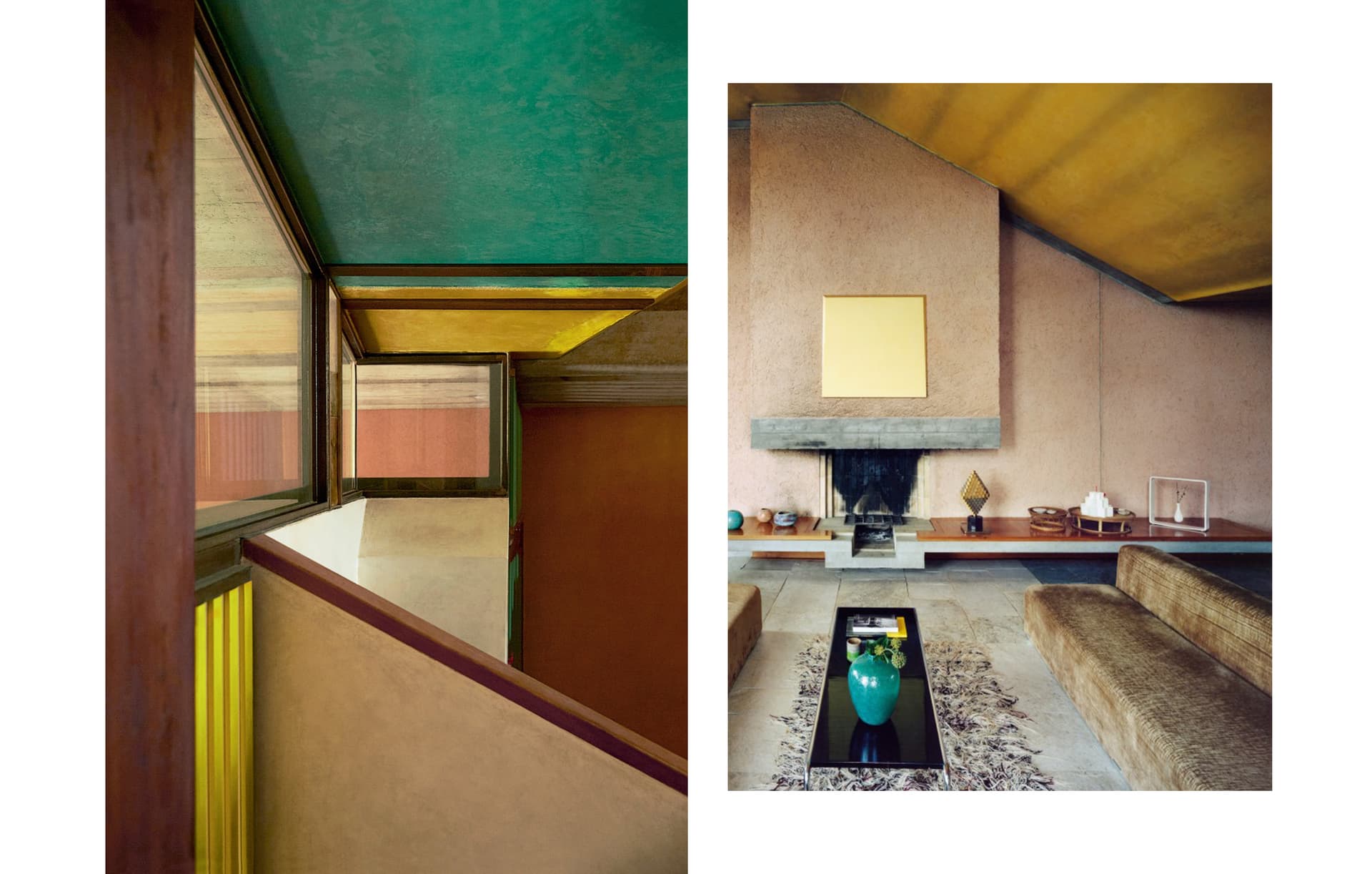 Two pictures of the interior of a colorful house.
